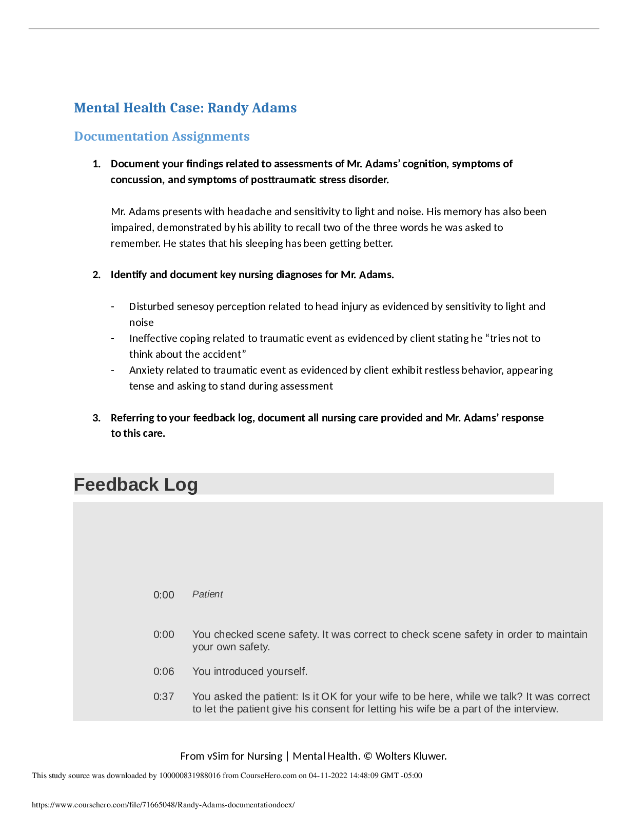 Preview image for Dallas County Community College - RNSG 1443 Randy Adams documentation / Mental Health Case: Randy Adams Documentation Assignments (answered)