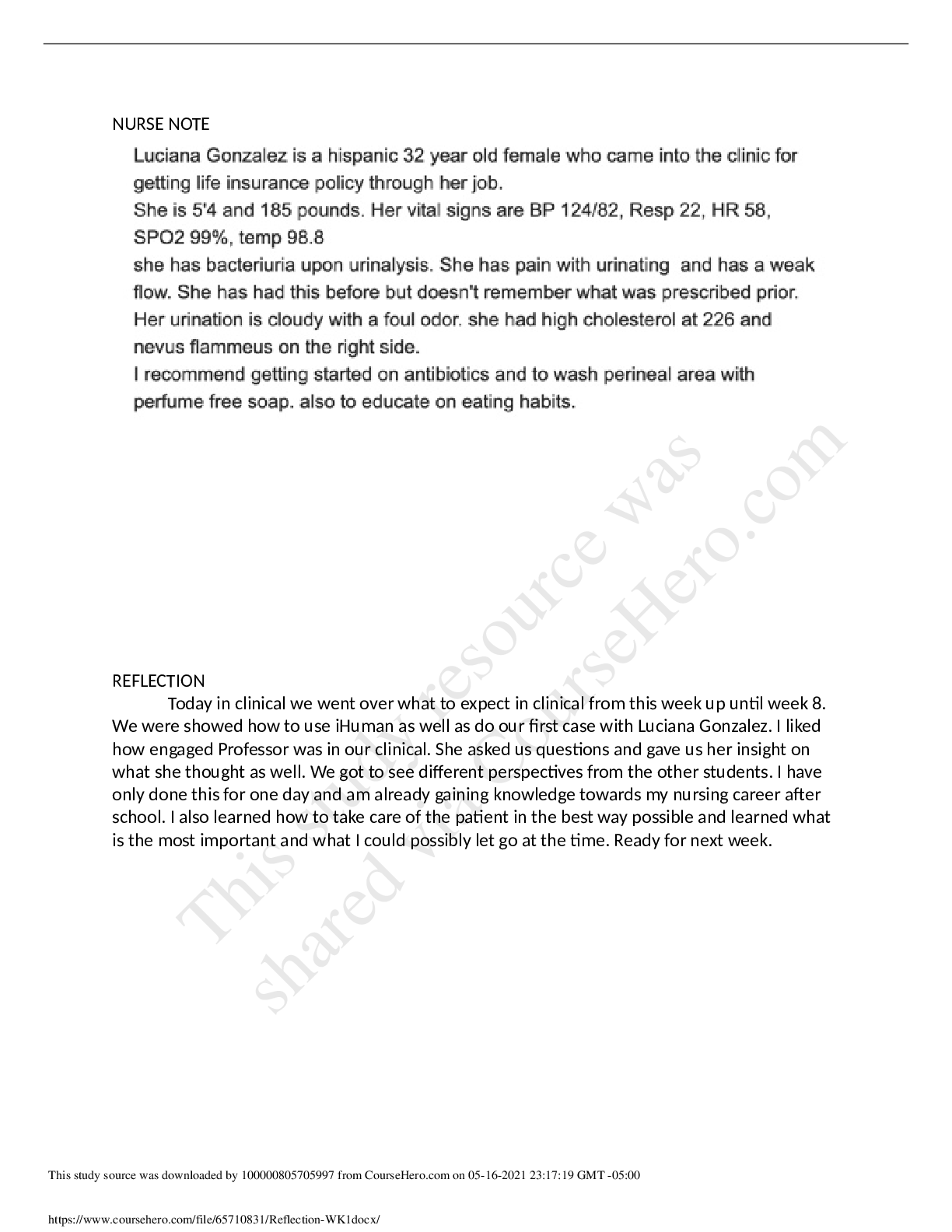 Preview image for NR 442 Reflection WeeK1 Luciana Gonzalez is a hispanic 32 year old female who came into the clinic for getting life insurance policy through her job.