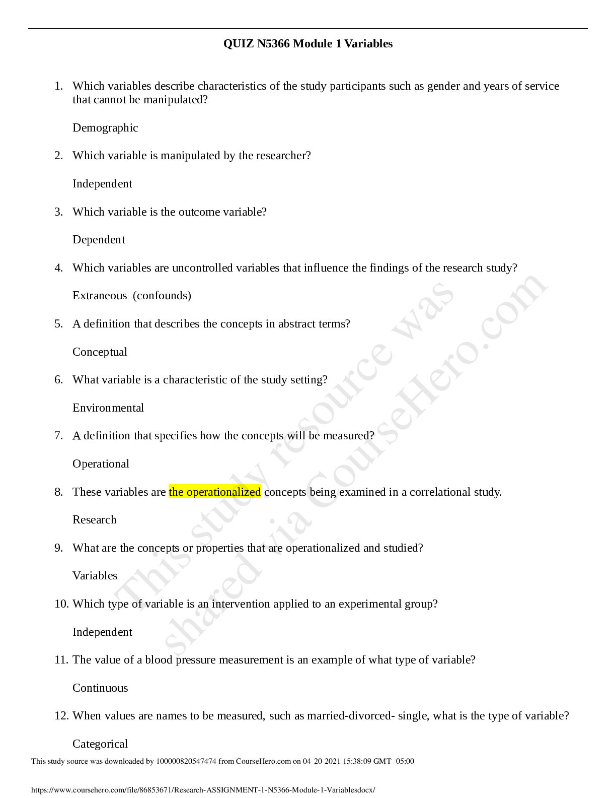 Preview image for NURS 5366 Principles of Research in Nursing - Module 1 Variables questions and answers (Graded A)