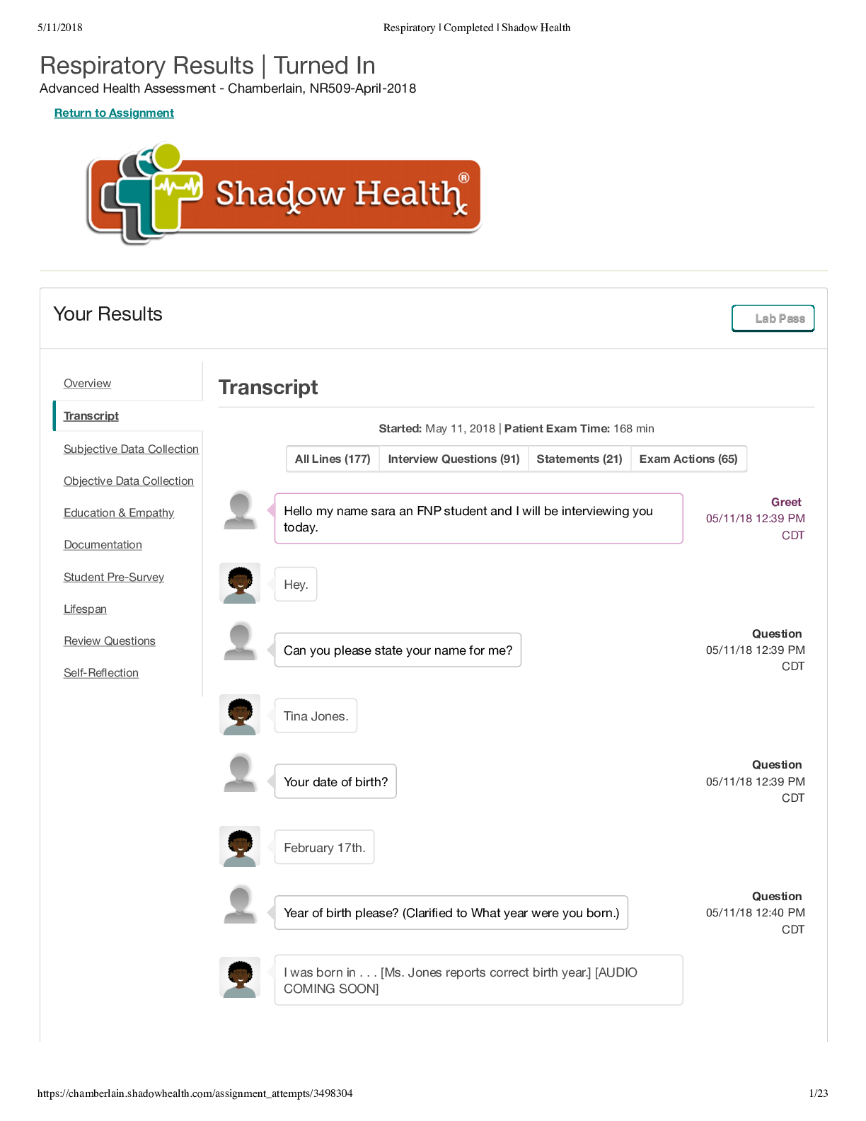 Preview image for NR 509 Week 2 HEENT and Respiratory Assessment (Tina Jones)