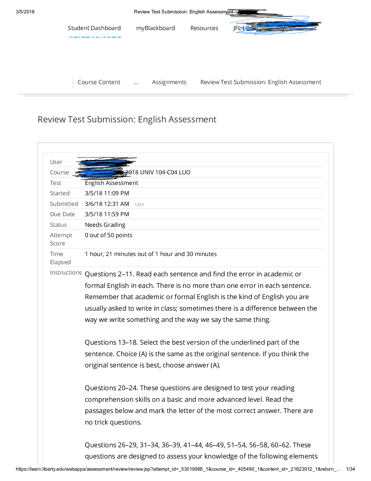 Preview image for Review Test Submission: English Assessment (ASSURED A)