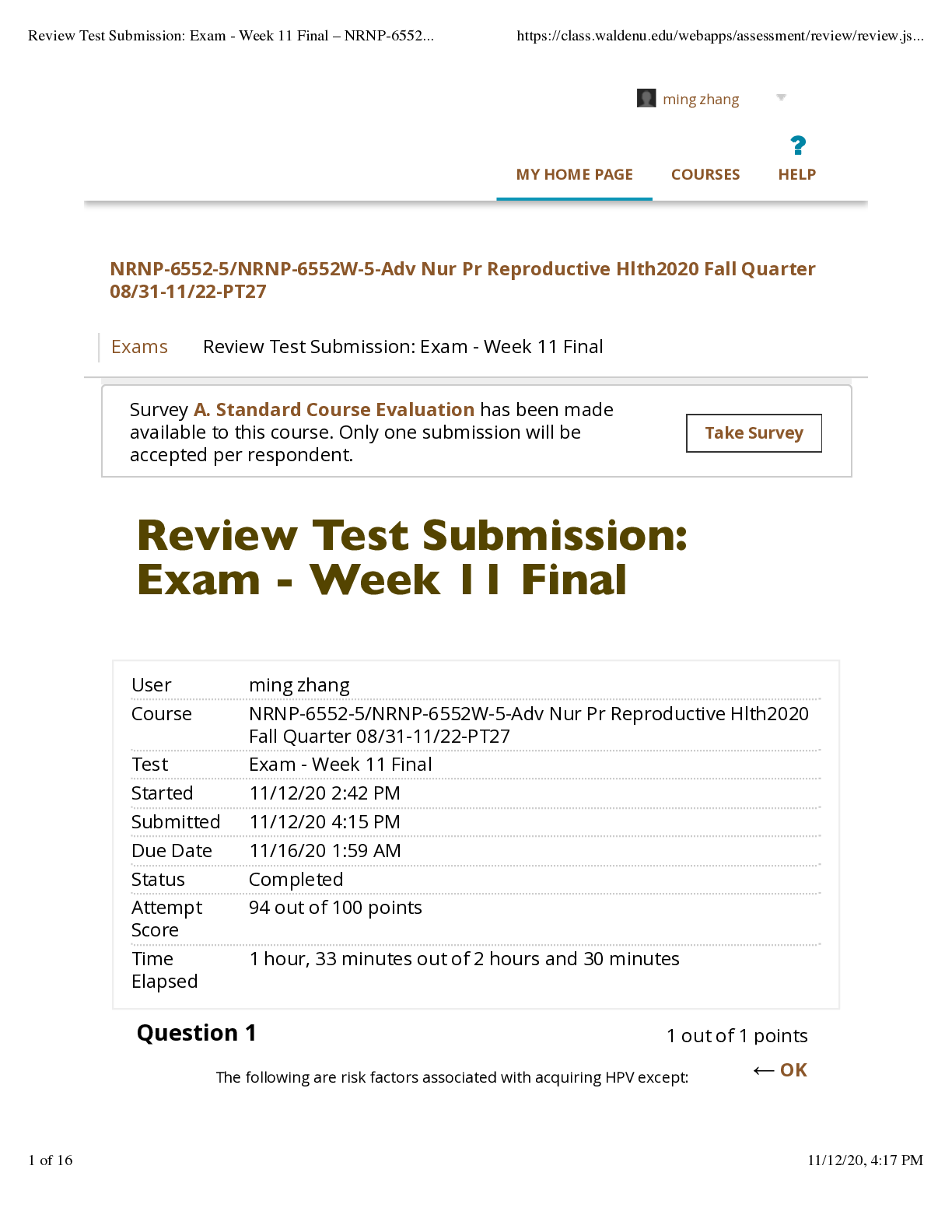 Preview image for NRNP-6552 Review Test Submission: Exam - Week 11 Final  (W-5-Adv Nur Pr Reproductive Hlth2020 Fall Quarter)