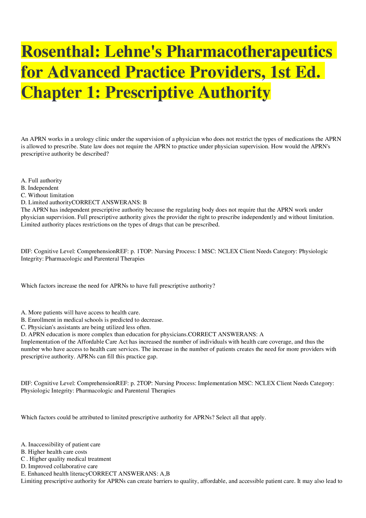 Preview image for Rosenthal: Lehne's Pharmacotherapeutics for Advanced Practice Providers, 1st Edition Test Bank