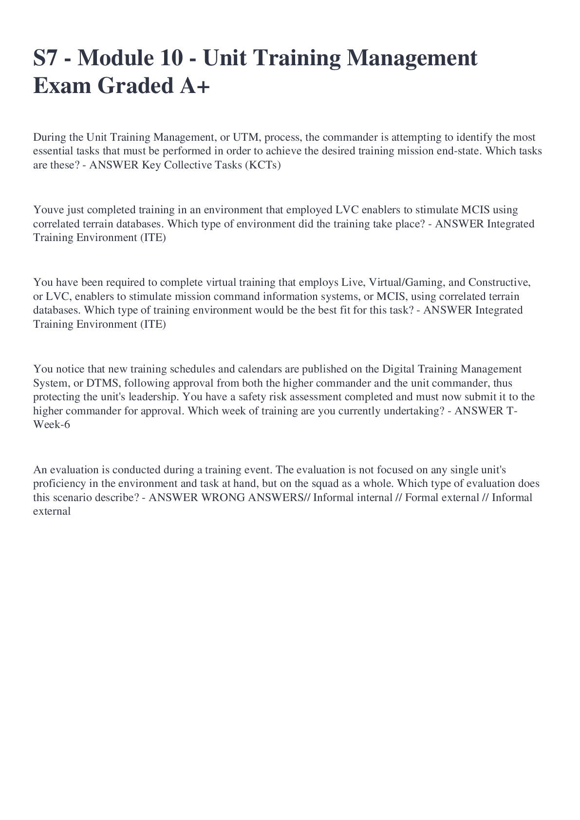 Preview image for S7 - Module 10 - Unit Training Management Exam Graded A+