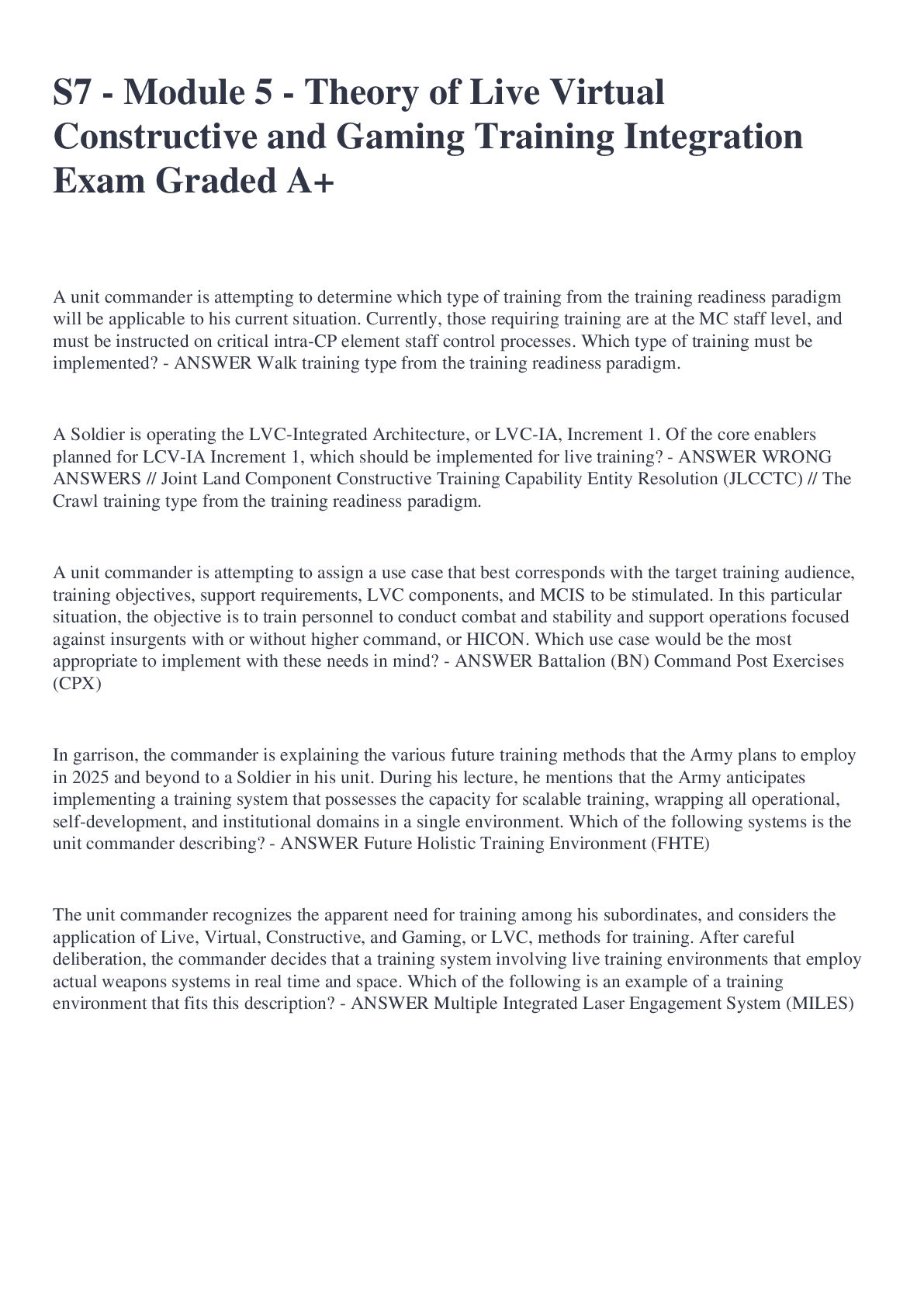 Preview image for S7 - Module 5 - Theory of Live Virtual Constructive and Gaming Training Integration Exam Graded A+