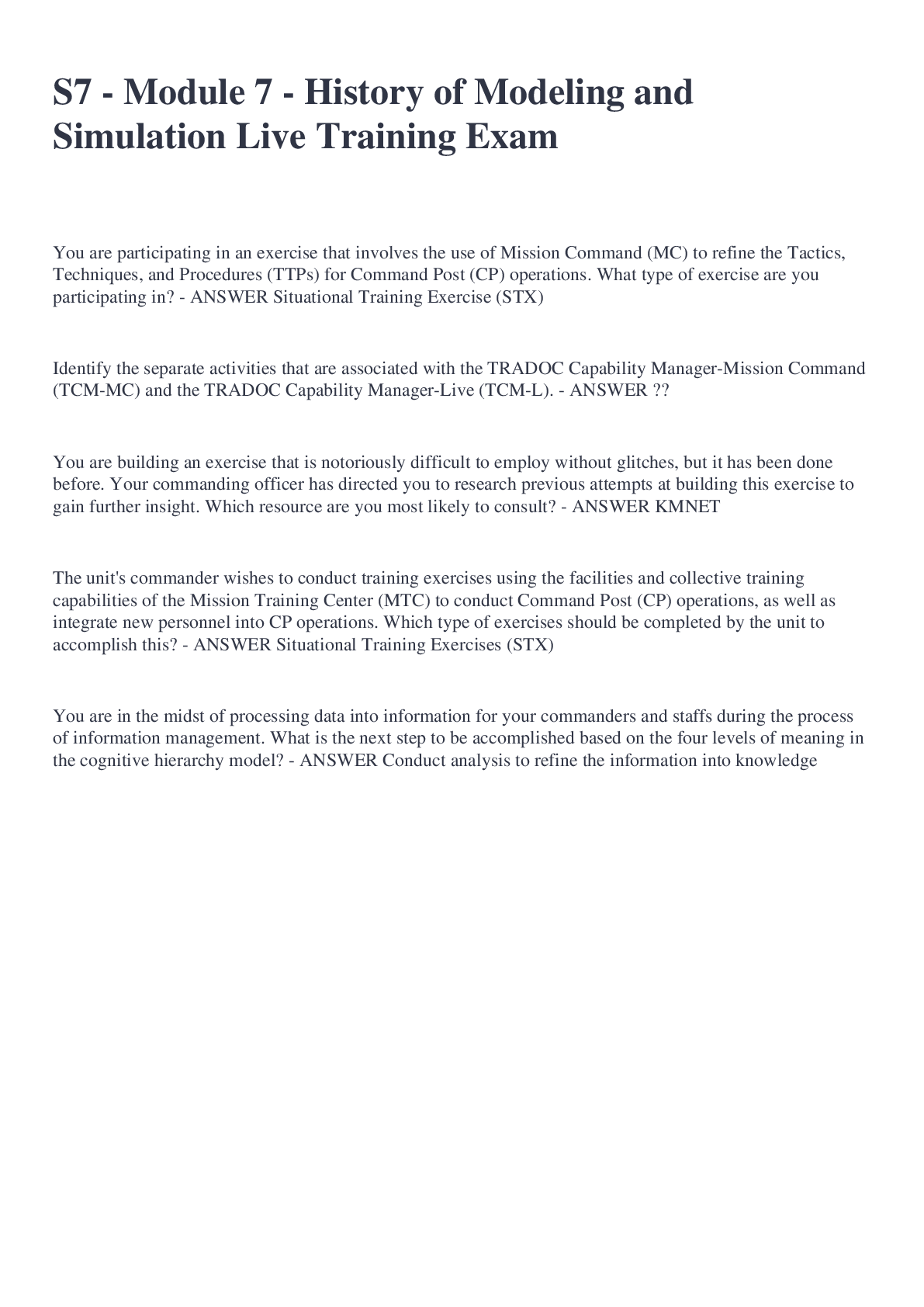 Preview image for S7 - Module 7 - History of Modeling and Simulation Live Training Exam