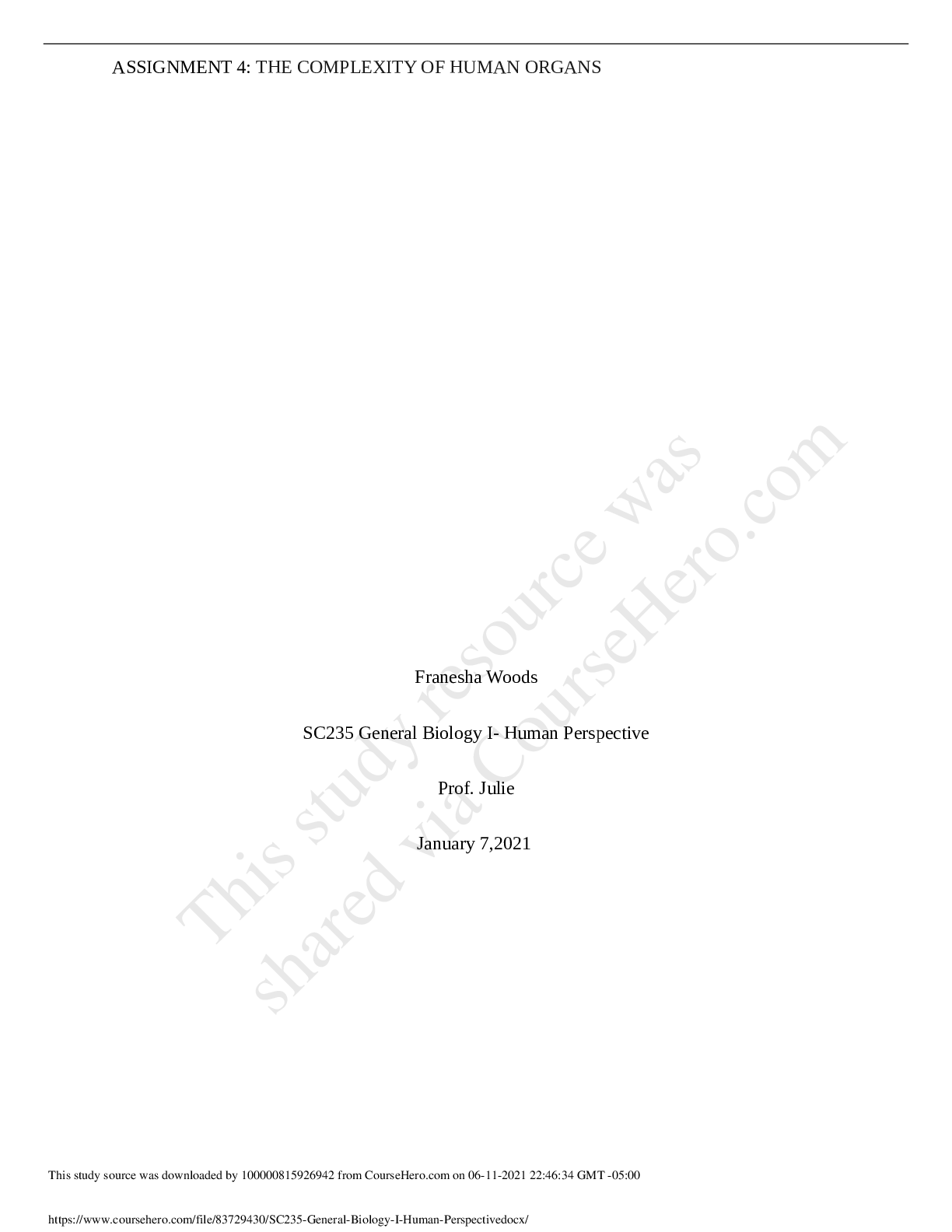 Preview image for SC235 General Biology I- Human Perspective, ASSIGNMENT 4: THE COMPLEXITY OF HUMAN ORGANS