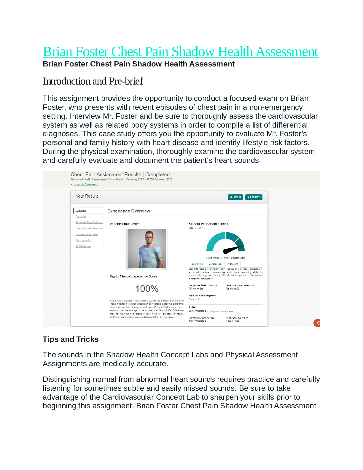 Preview of NRSE 4520 Brian Foster Chest Pain Shadow Health Assessment
