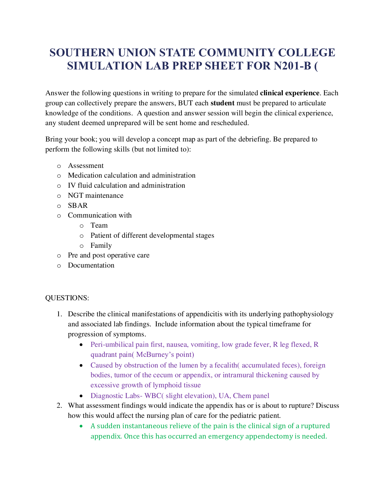 SOUTHERN UNION STATE COMMUNITY COLLEGE SIMULATION LAB PREP SHEET FOR N201-B