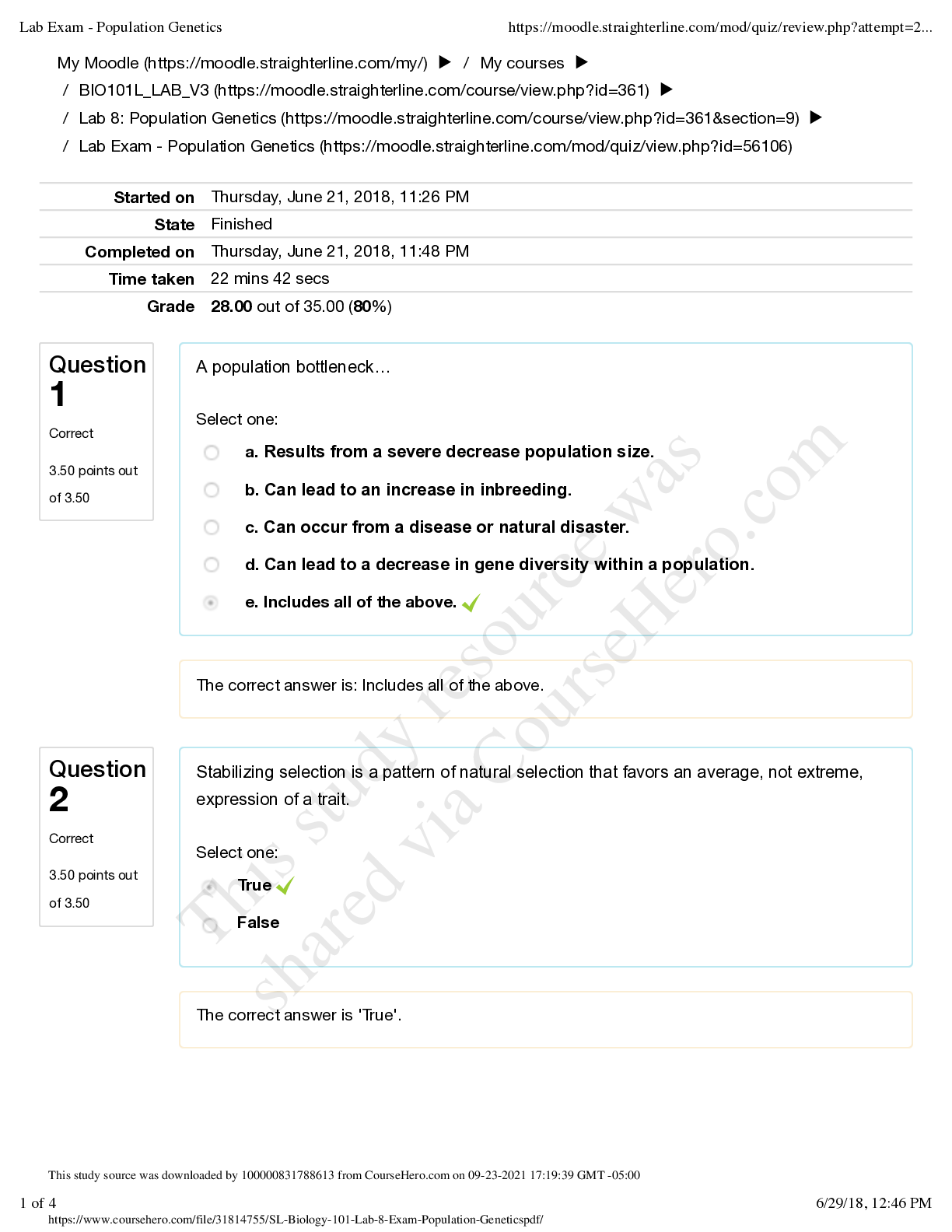 Preview of SL Biology 101 Lab 8 Exam - Population Genetics_2021 | 100 Percent Grade