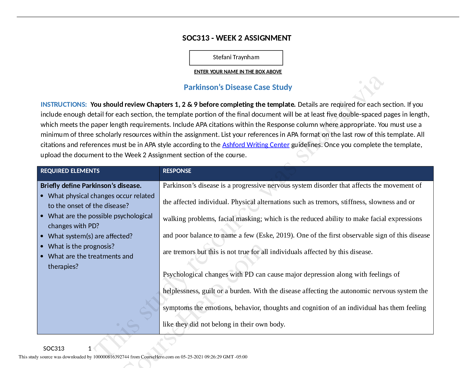 Preview of SOC 313 WEEK 2 ASSIGNMENT;Parkinson’s Disease Case Study With complete solution