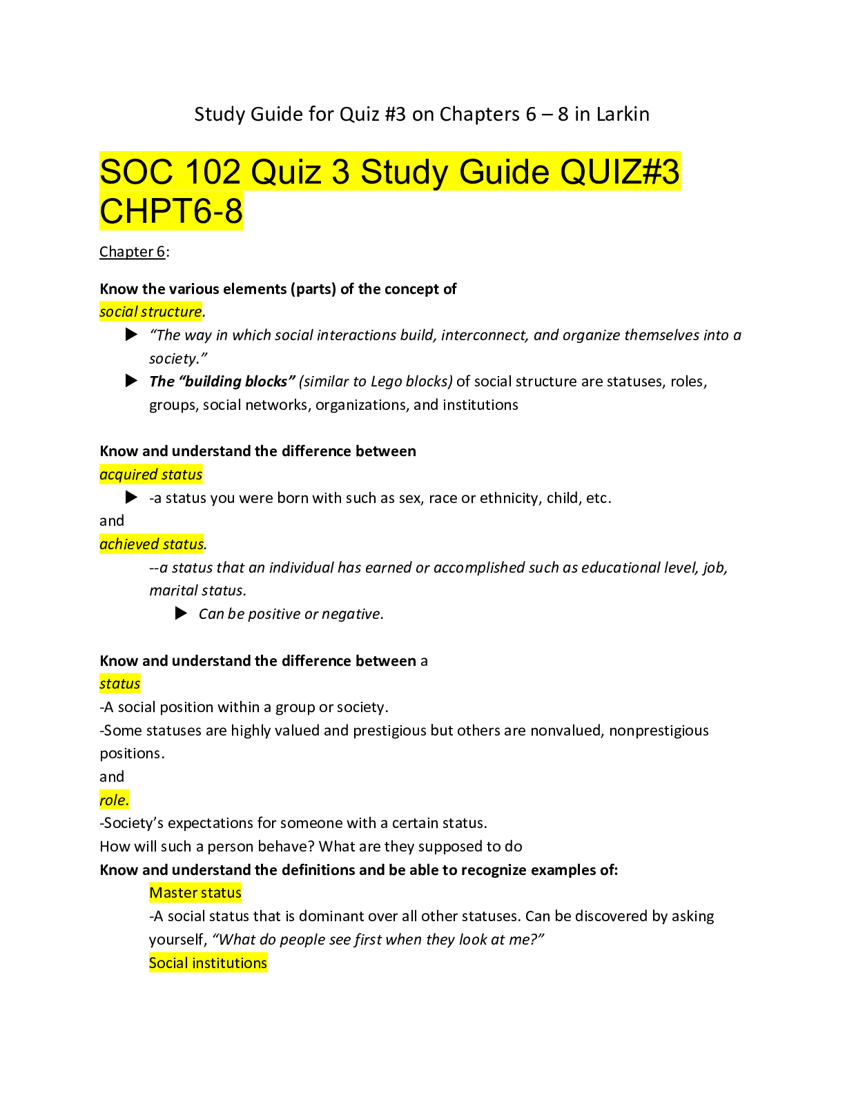 Preview of SOC 102 Quiz 3 Study Guide