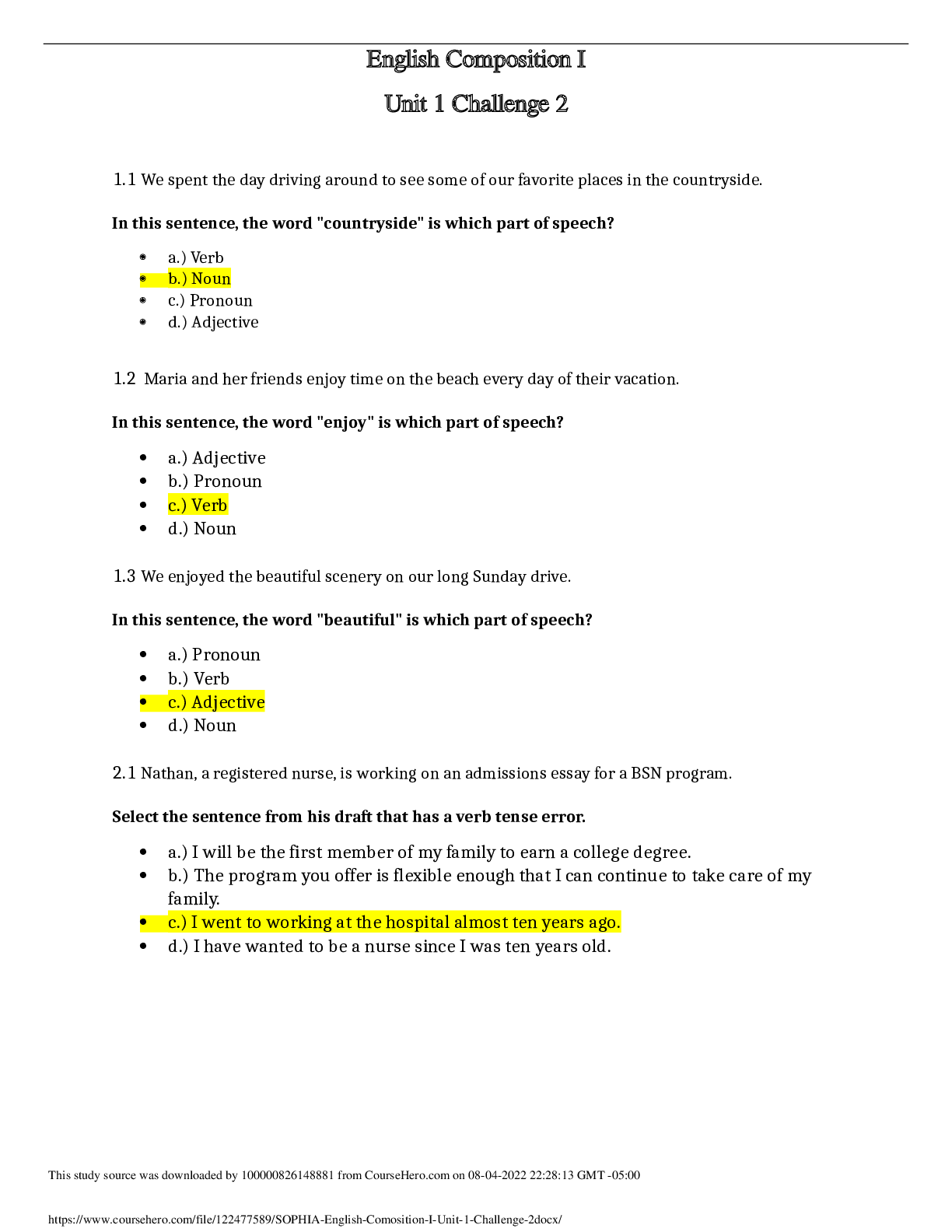 Preview of ENG 122 SOPHIA English Comosition I Unit 1 Challenge 2.