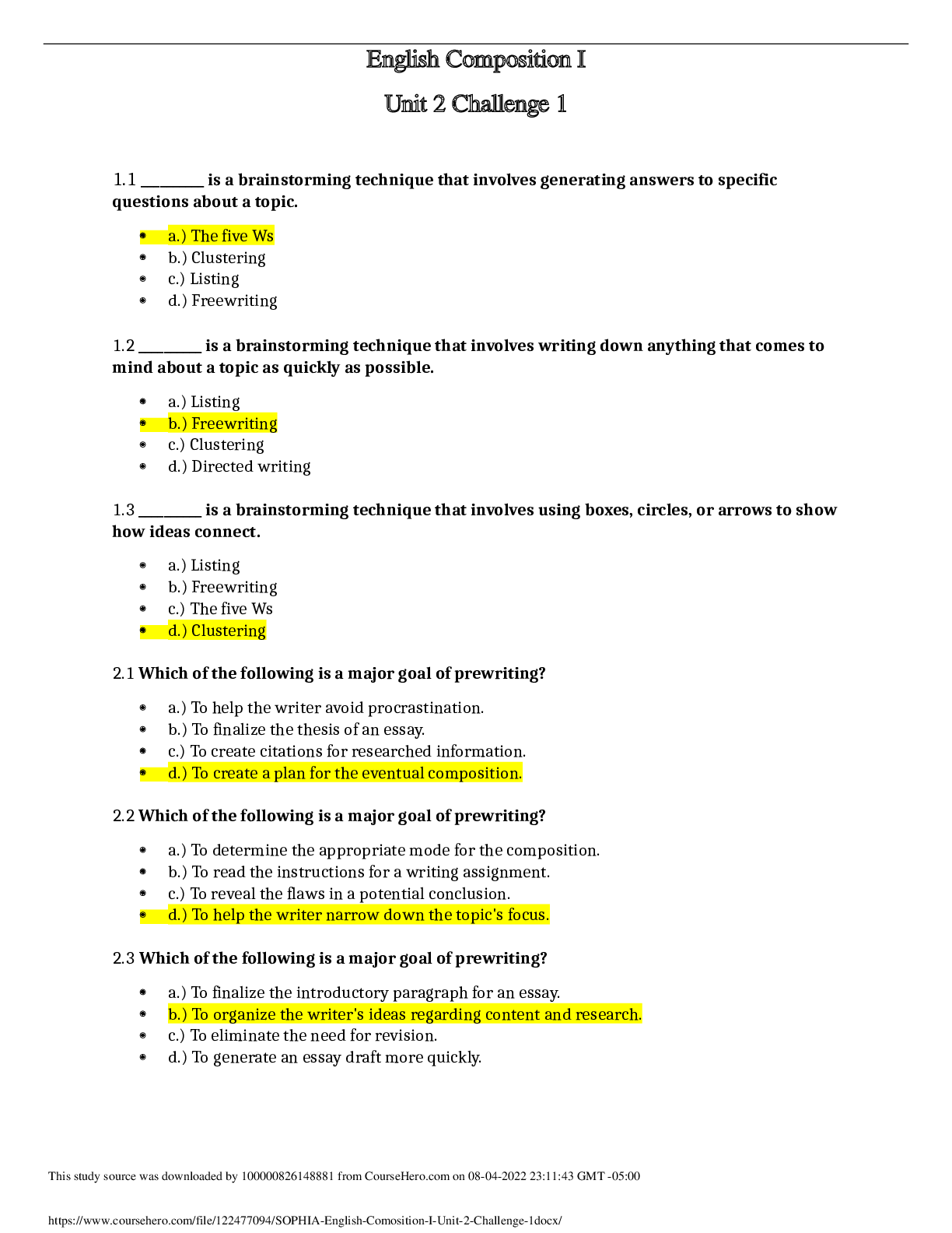 Preview of ENG 122 SOPHIA English Comosition I Unit 2 Challenge 1 English Composition I Unit 2 Challe