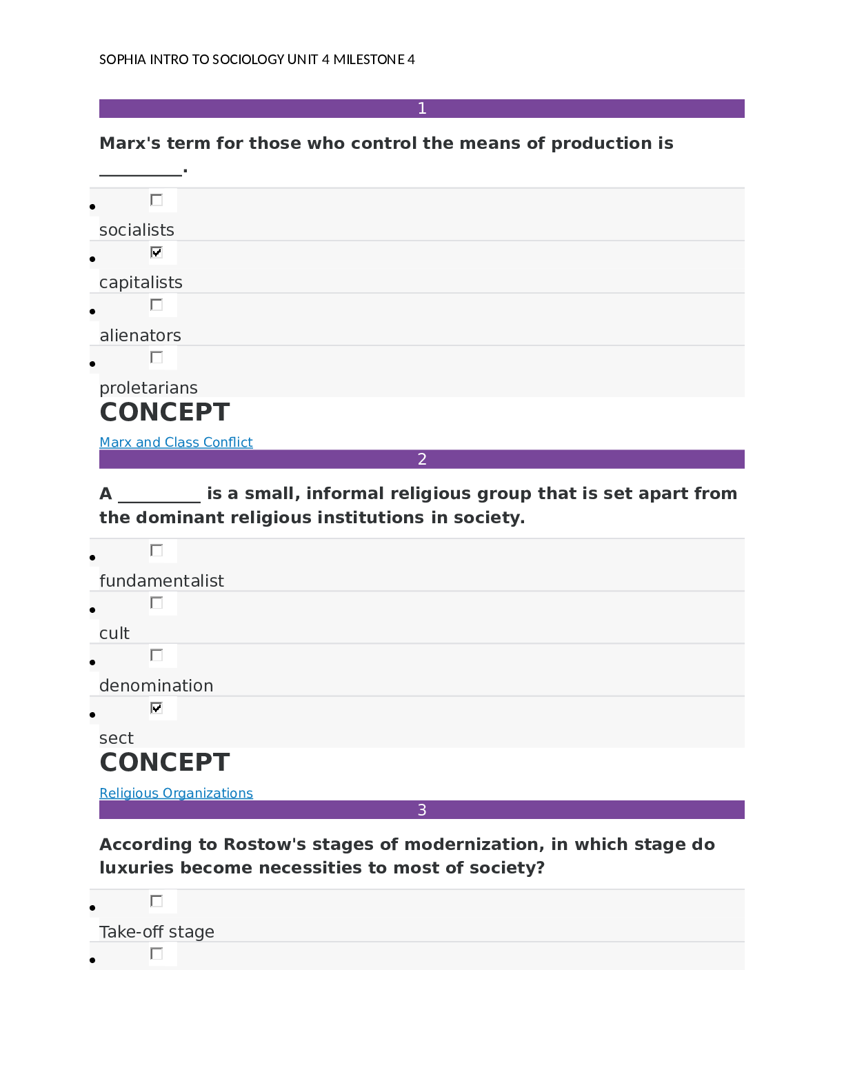 Preview of SOPHIA INTRO TO SOCIOLOGY UNIT 4 MILESTONE 4 WITH correct answers
