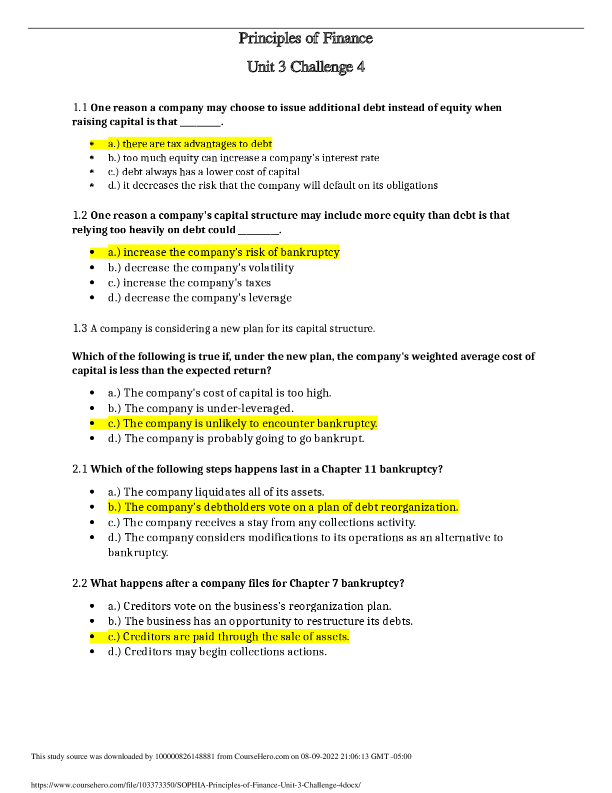Preview of FIN 320 SOPHIA Principles of Finance Unit 3 Challenge 4 | All Answers Correct