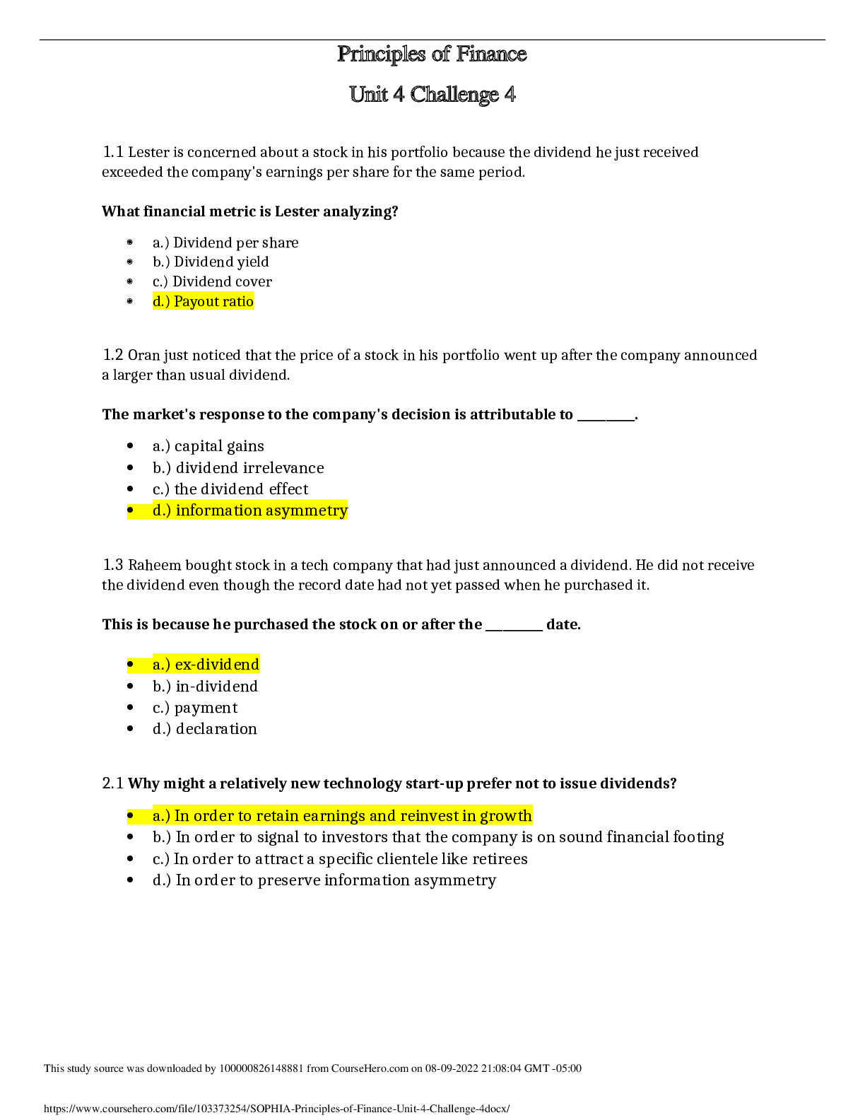 Preview of FIN 320 SOPHIA Principles of Finance Unit 4 Challenge 4. All Correct Answers