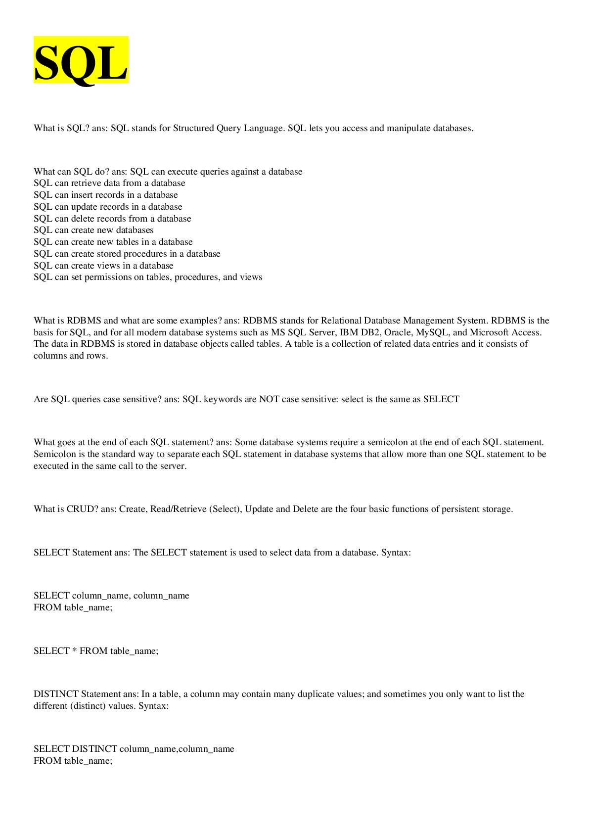 Preview image for SQL (Structured Query Language) QUESTIONS AND ANSWERS ALL CORRECT