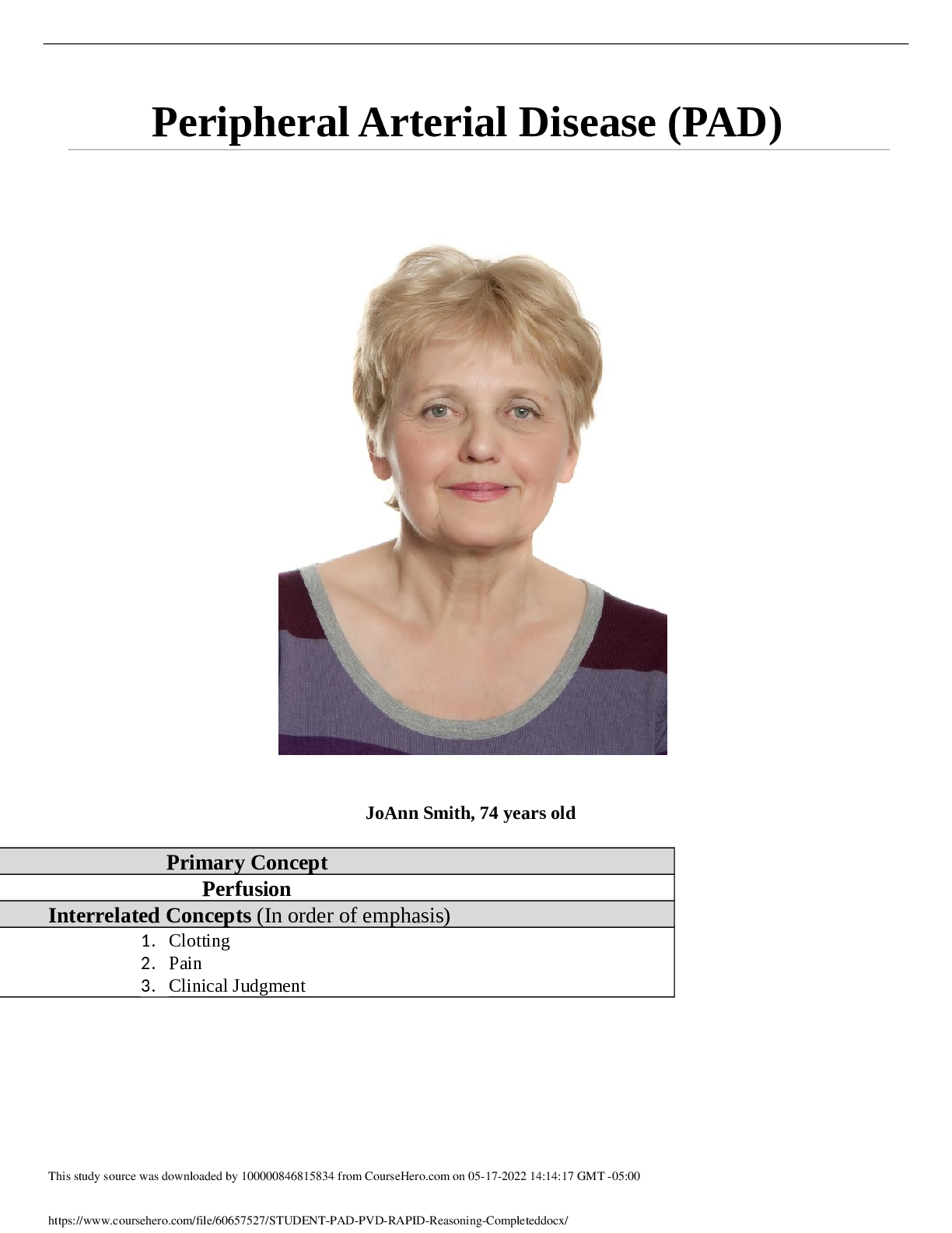 Preview image for Peripheral Arterial Disease (PAD) JoAnn Smith, 74 years old STUDENT-PAD-PVD RAPID Reasoning Completed.