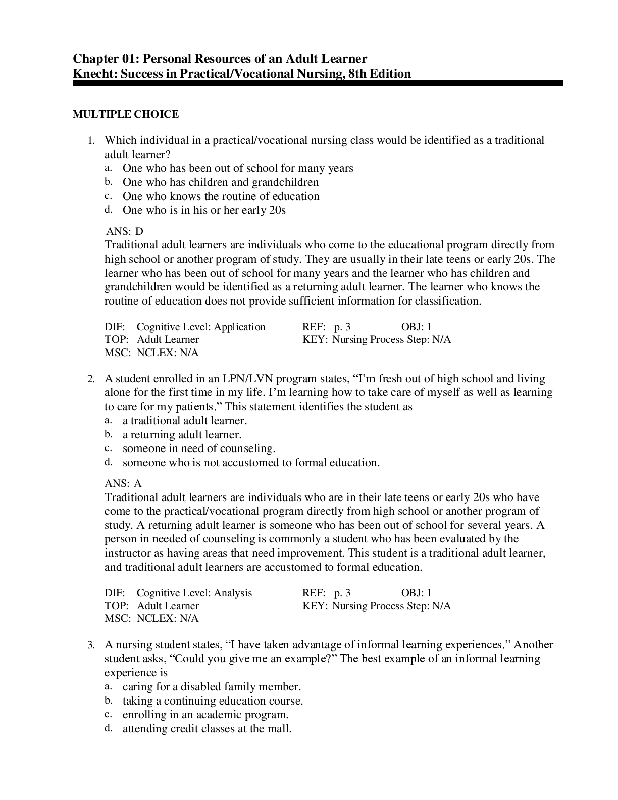 Preview image for Success in Practical/Vocational Nursing, 8th Edition Test Bank By Knecht