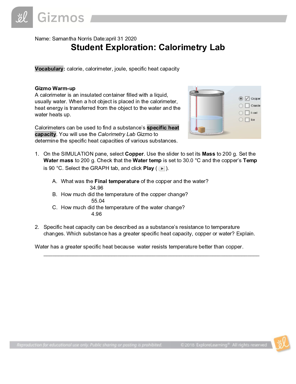 Preview image for Samantha Norris - Calorimetry Lab Student Answer Sheet All Done. 100%