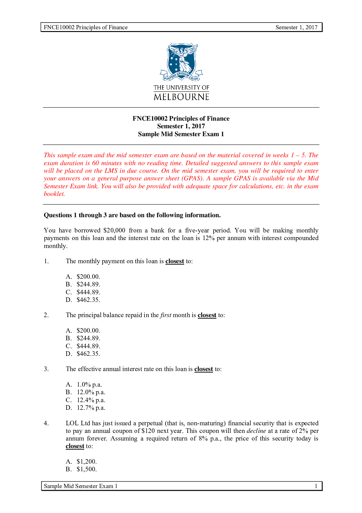 Preview image for University of Melbourne FNCE 1000 SampleMidSem1