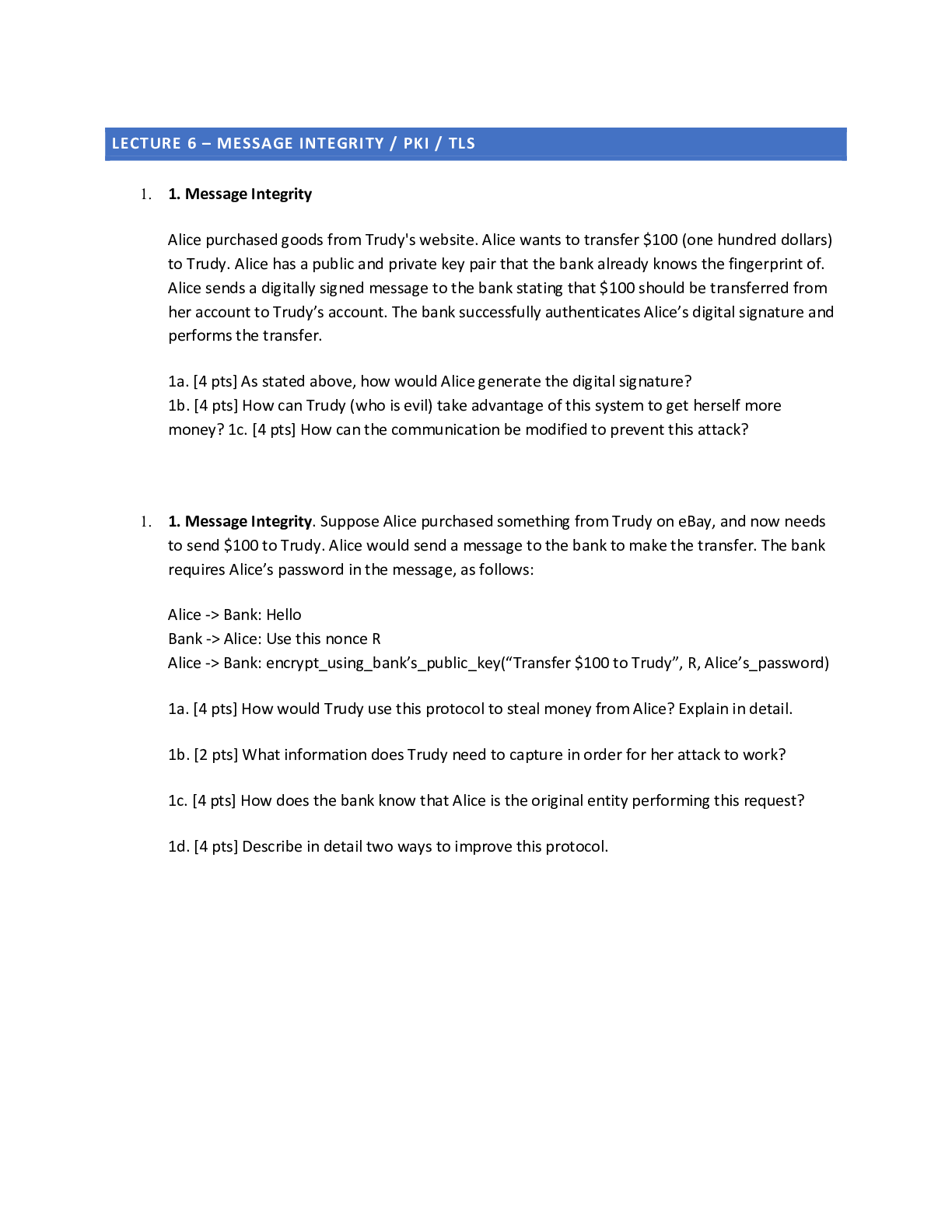 Preview image for CSCI-SHU MISC  Introduction to Programming and Problem Solving; Sample Final Questions  LECTURE 6 – MESSAGE INTEGRITY / PKI / TLS