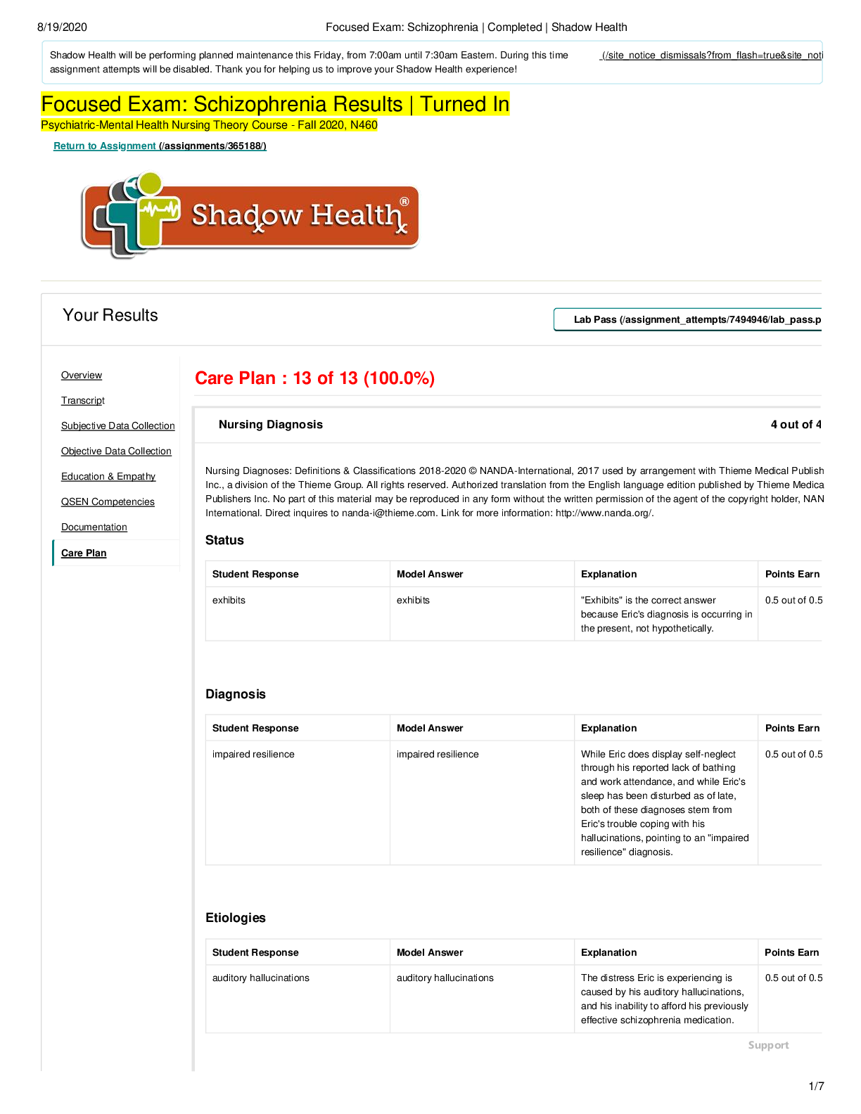 Preview image for Focused Exam: Schizophrenia - Care Plan Completed Shadow Health [100% correct]