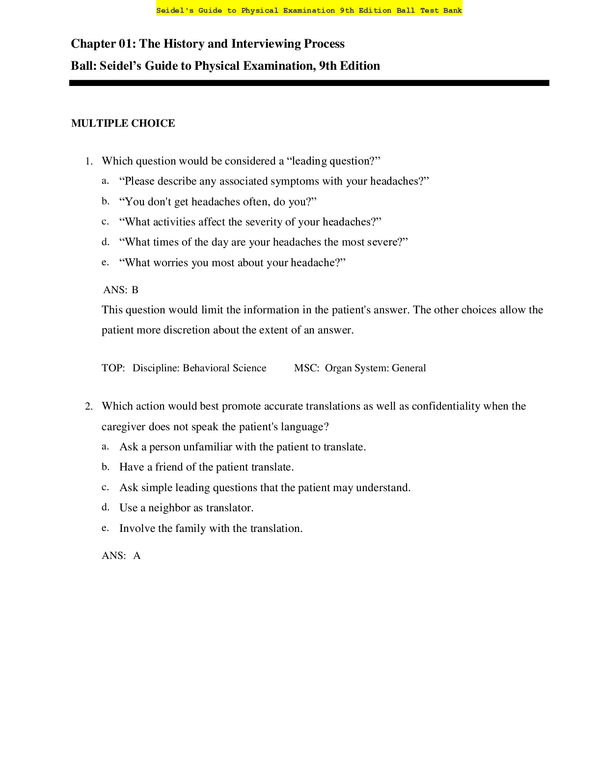 Preview image for Seidels Guide to Physical Examination 9th Edition Test Bank