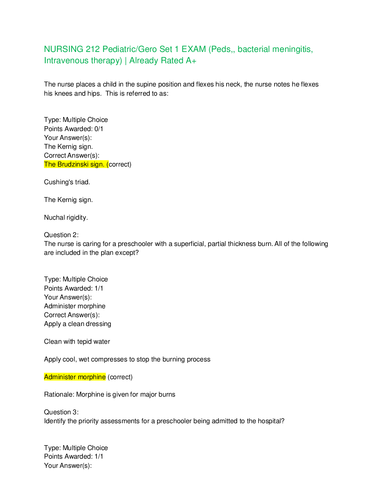 Preview of NURSING 212 Pediatric/Gero Set 1 EXAM/ 156 Q&A (Peds,, bacterial meningitis, Intravenous t