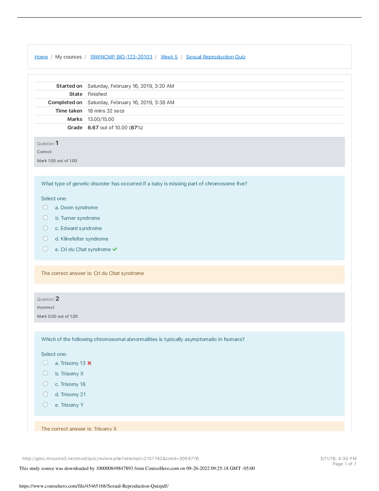Preview image for Georgia Military College BIO 123  Sexual Reproduction Quiz. Grade 8.67 out of 10.00 (87%)