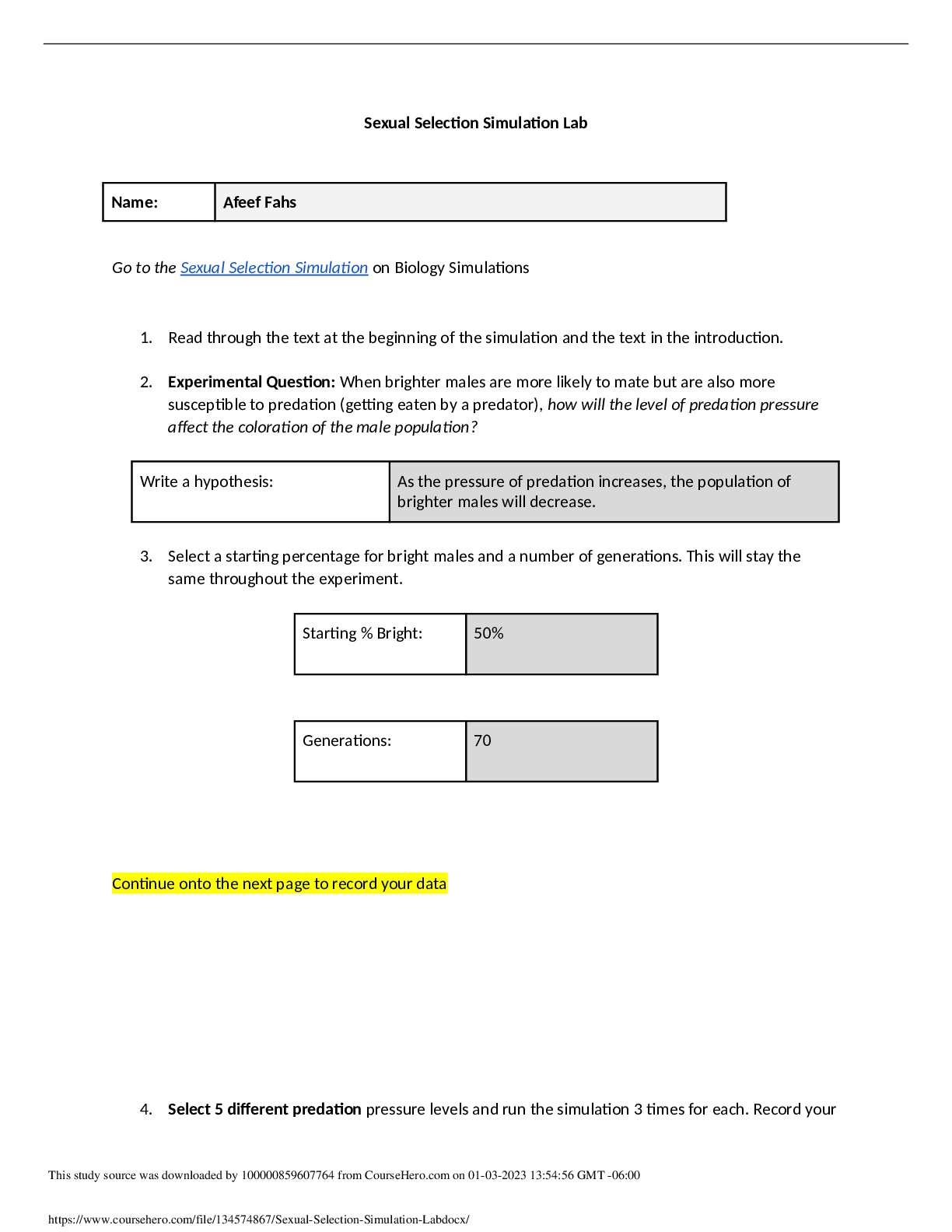 Preview of Lab Report > Sexual Selection Simulation Lab: BIO 123. Experimental Question: When brighte