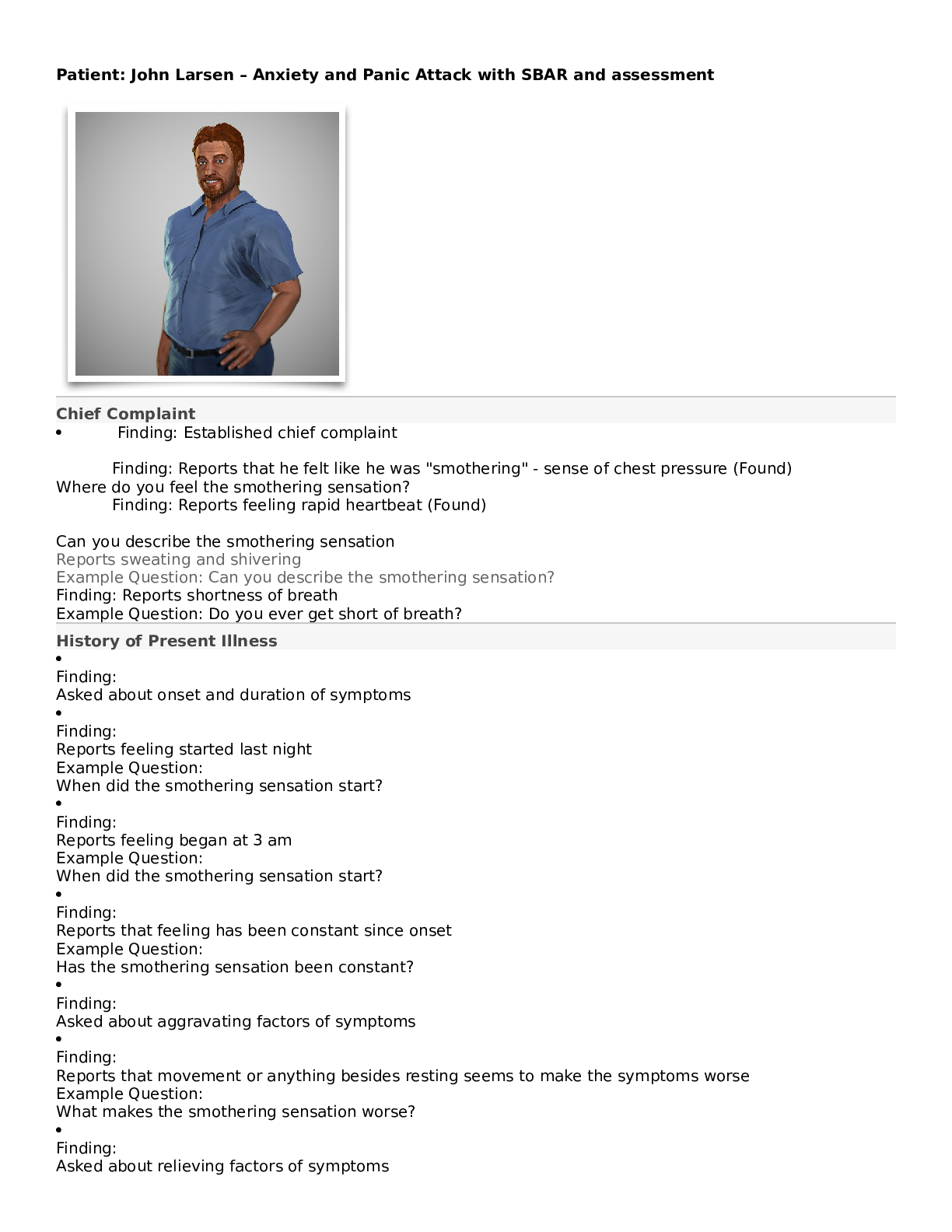 Preview image for NUR MISC Shadow Health Focused Exam- Anxiety Complete Patient: John Larsen – Anxiety and Panic Attack with SBAR and assessment