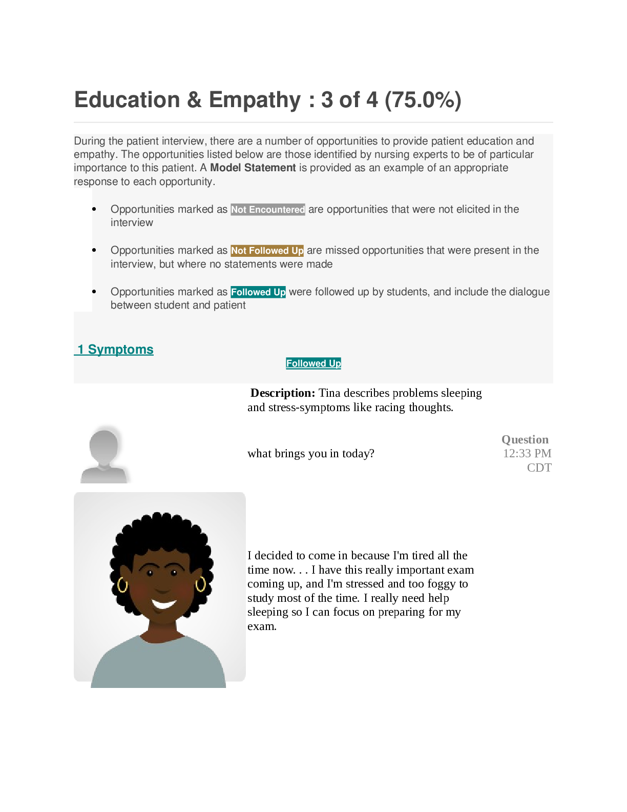 Preview image for NR 509 Shadow Health Mental Health Education Empathy TINA JONES