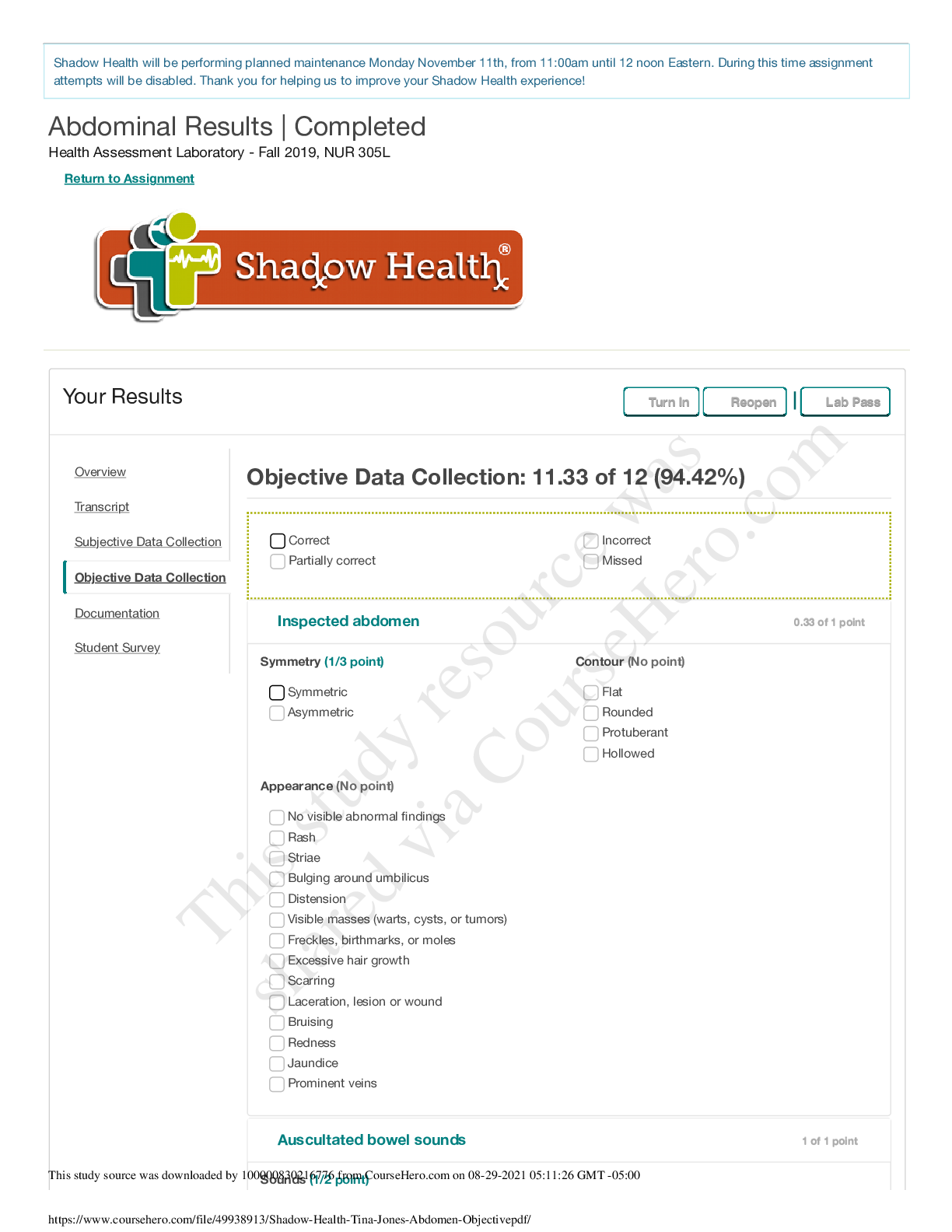 Preview image for NURSING 111 Shadow Health Tina Jones Abdomen Objective.pdf