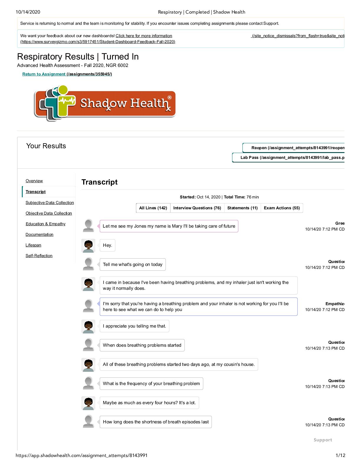 Preview image for NGR 6001 Shadow Health Tina Jones Respiratory  Transcript Advance Assessment