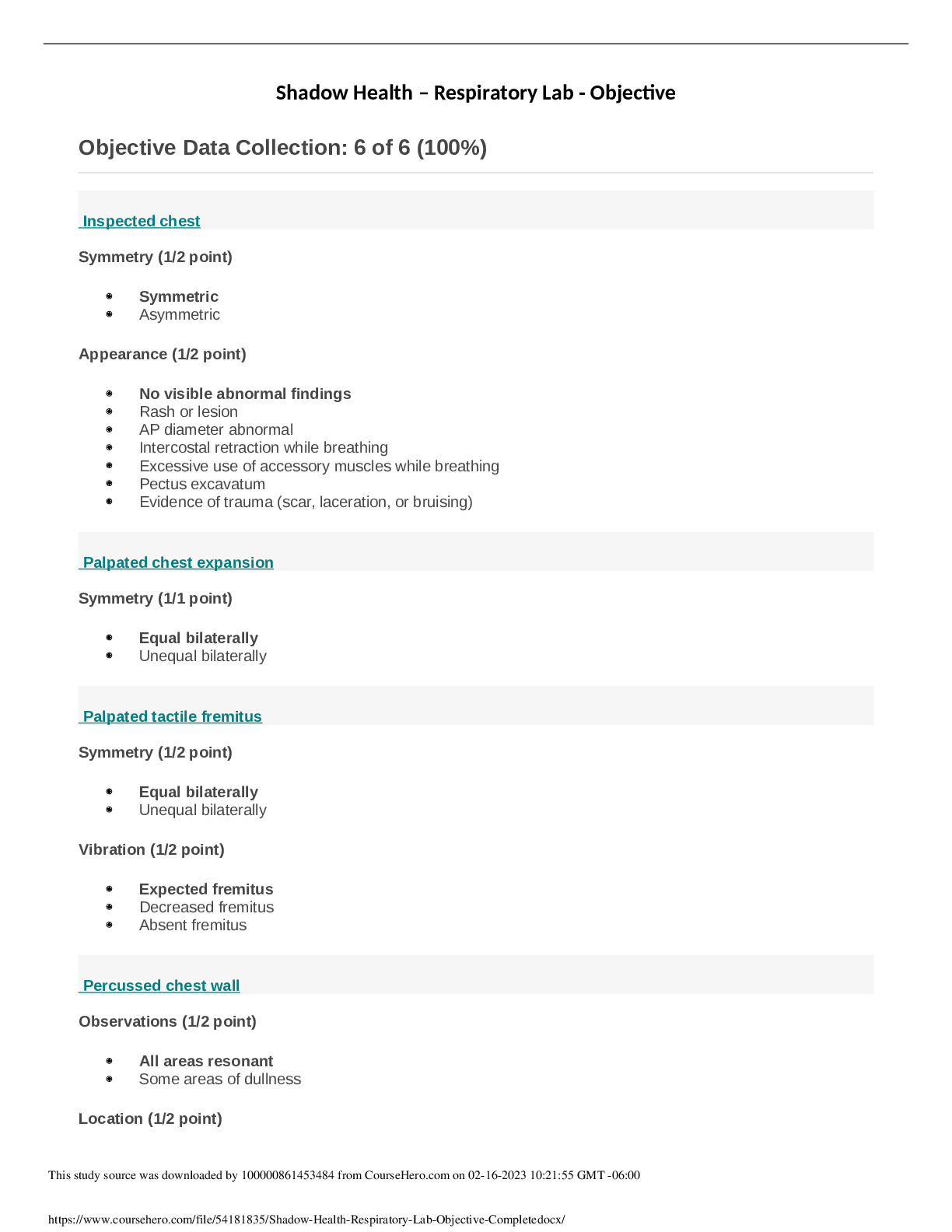 Preview image for Shadow Health - Respiratory Lab - Objective Complete.