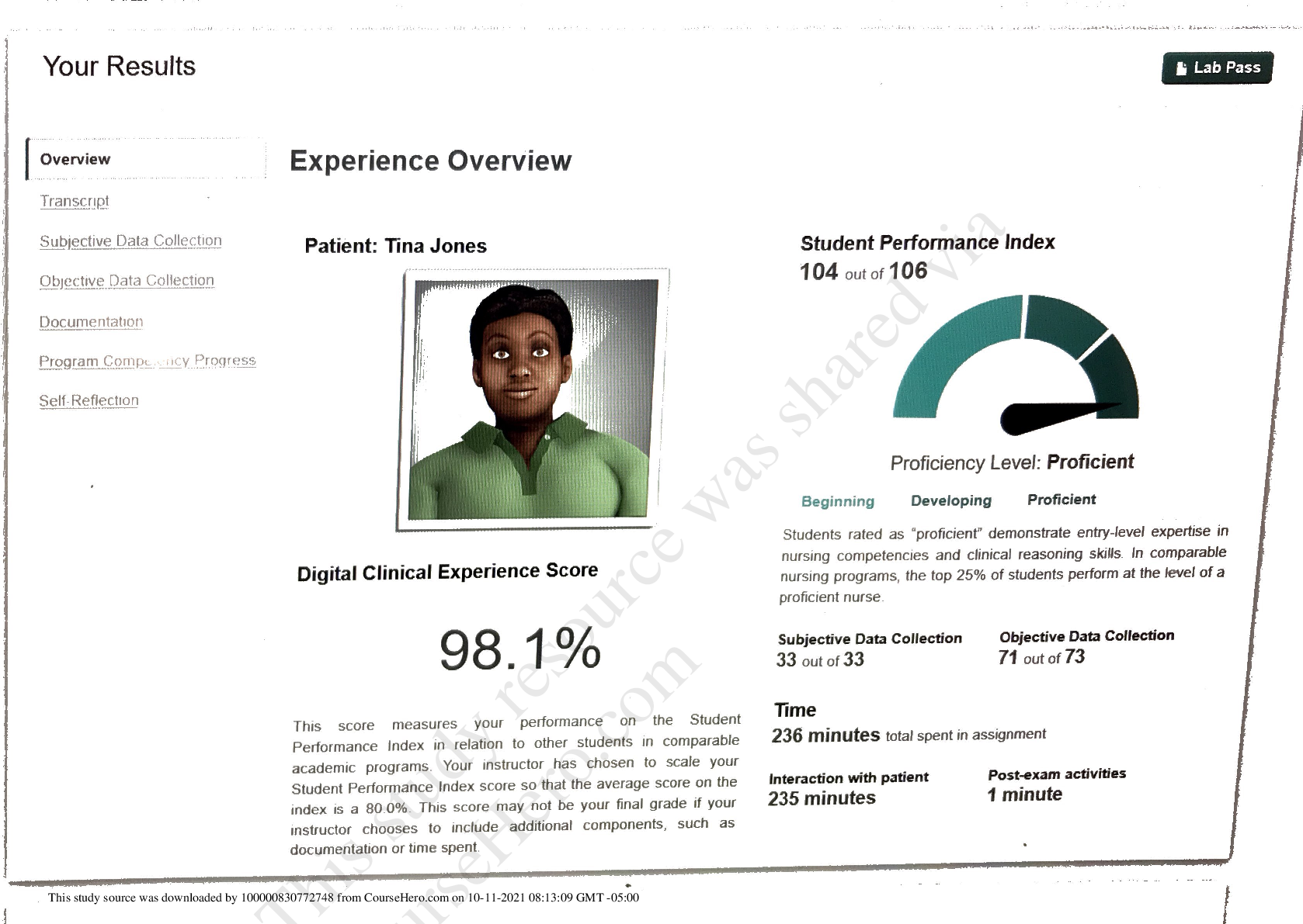 Preview image for Shadow Health Tina Jones Experience Overview. Digital Clinical Experience Score 98.1%.