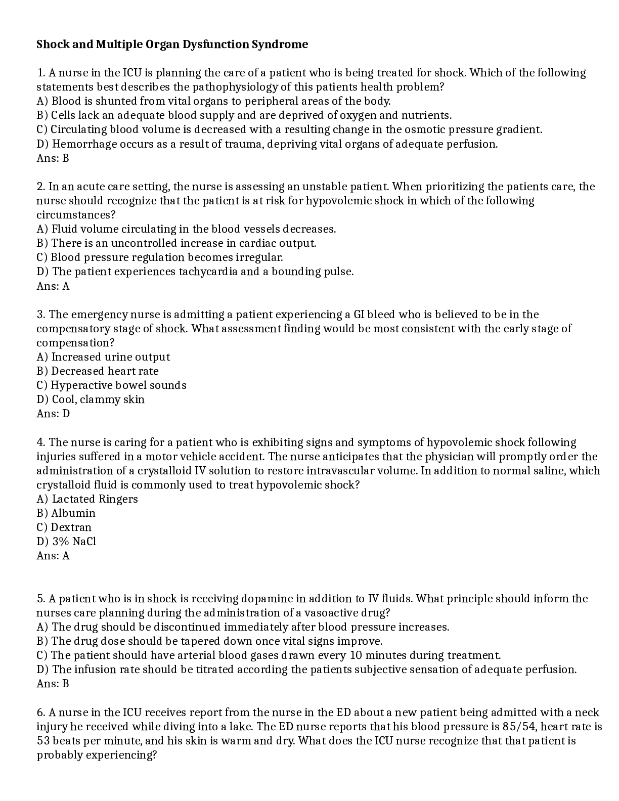 Preview image for Med Surg test questions Shock and Multiple Organ Dysfunction Syndrome 100% Correct Answers, Download to Score A