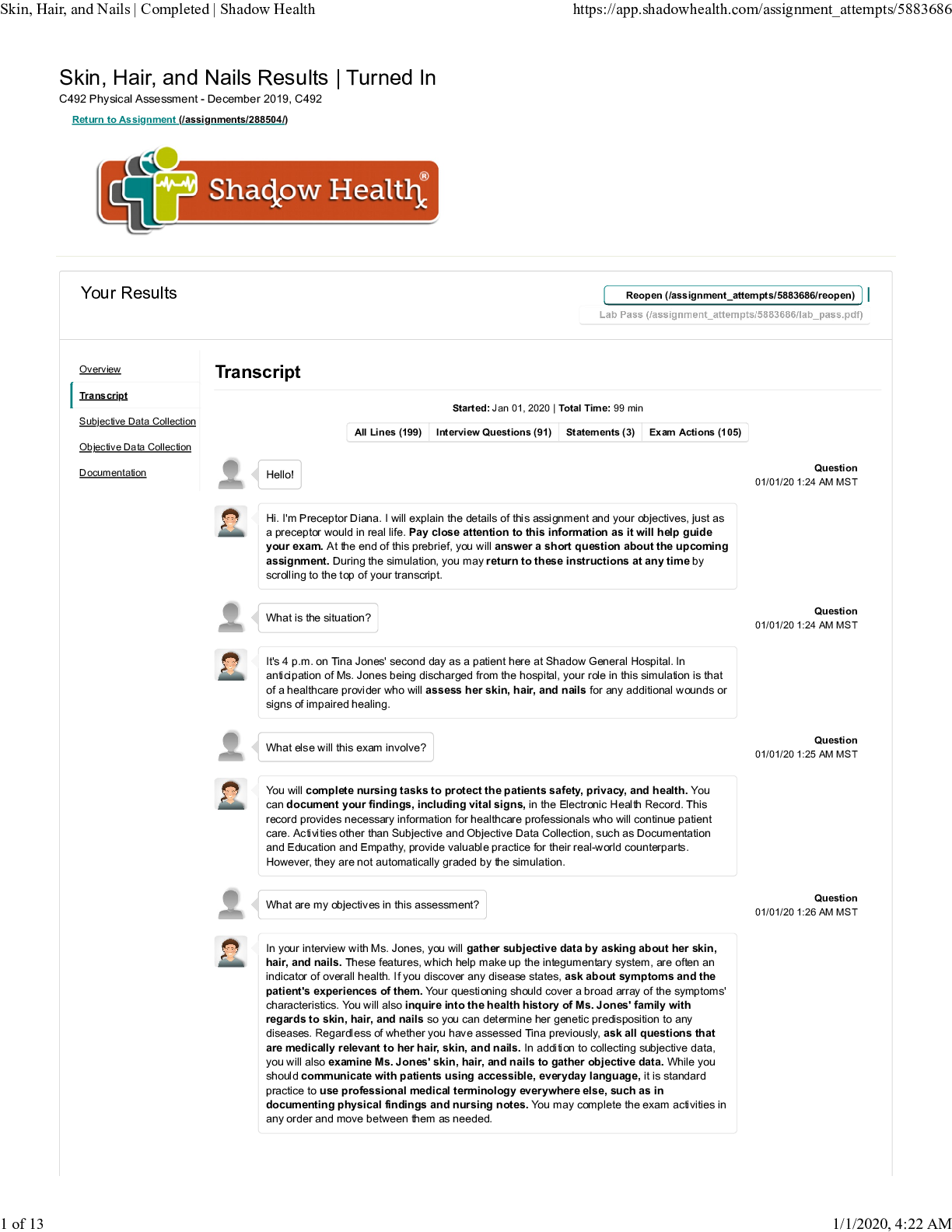 Preview image for Skin Assessment transcript with complete solution