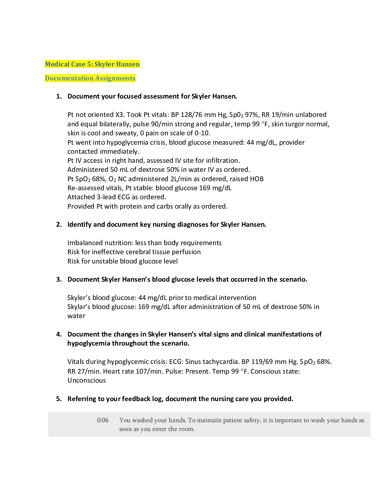 Preview image for Skyler Hansen Medical Case 5: Documentation Assignments (answered) _ Score; 95%
