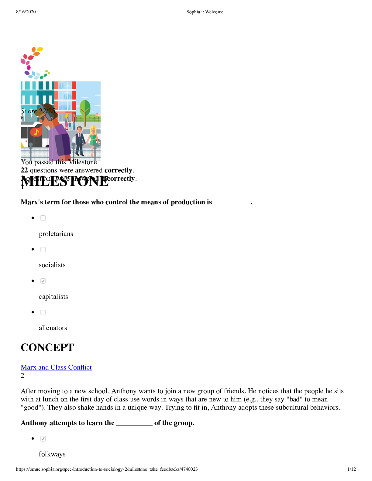 Preview image for University of the PeopleAY 2021 Sophia. Sociology Final MILESTONE. Score 22/25. Includes the CONCEPTS