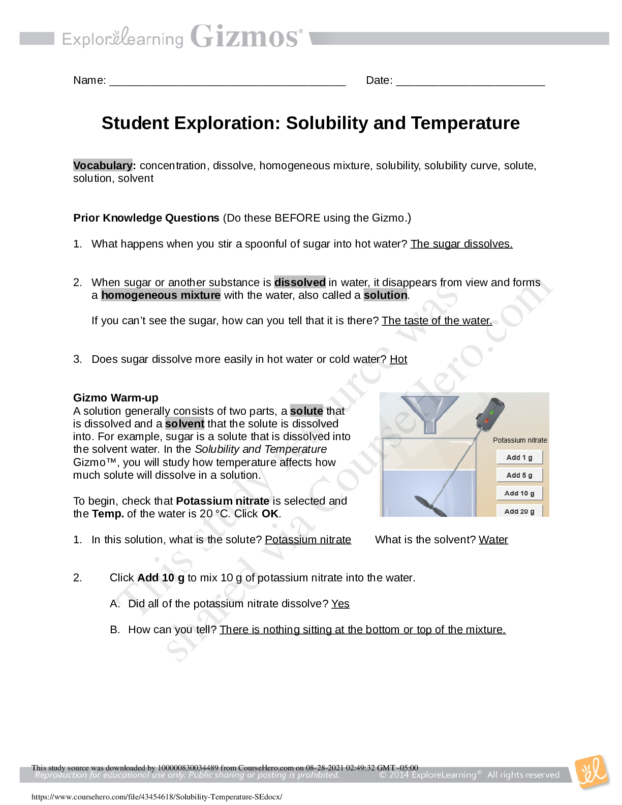 Preview image for Solubility Temperature SE Gizmo-CORRECT ANSWERS