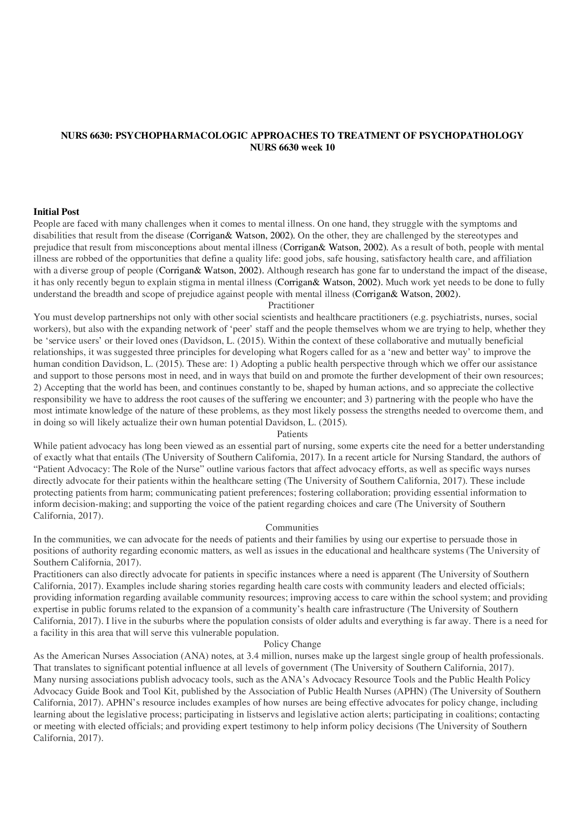 Preview of NURS 6630 week 10 / NURS 6630: PSYCHOPHARMACOLOGIC APPROACHES TO TREATMENT OF PSYCHOPATHOL