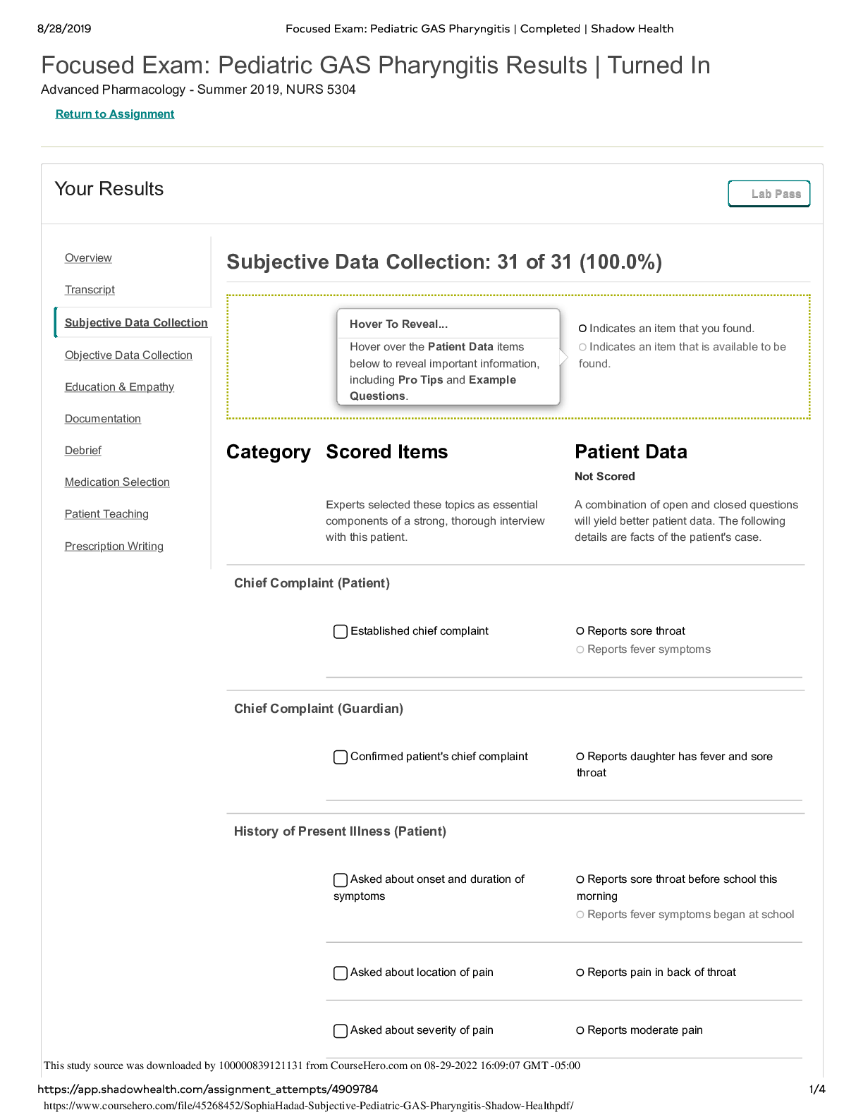 Preview image for NUR 5304 Sophia Haddad Gas Pharyngitis Shadow Health - Subjective
