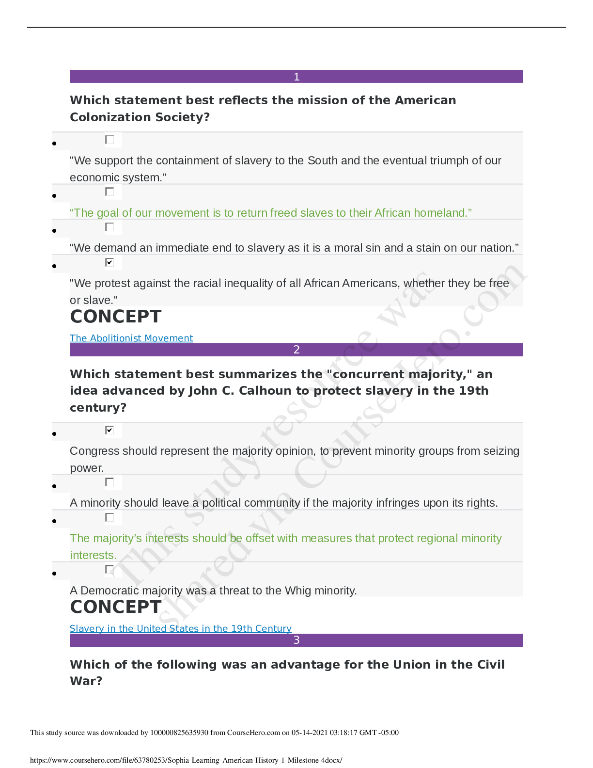 Preview image for Sophia Learning American History 1 Milestone 4,100% CORRECT