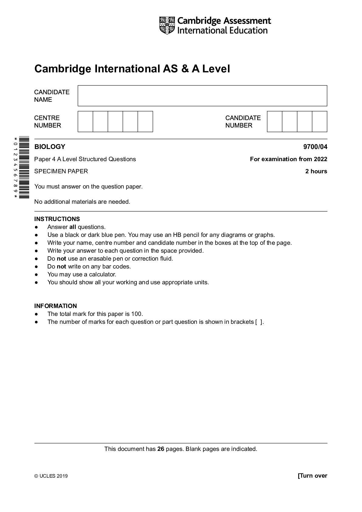 Preview image for Cambridge International AS & A Level BIOLOGY 9700/04 Paper 4 A Level Structured Questions For examination from 2022 SPECIMEN PAPER