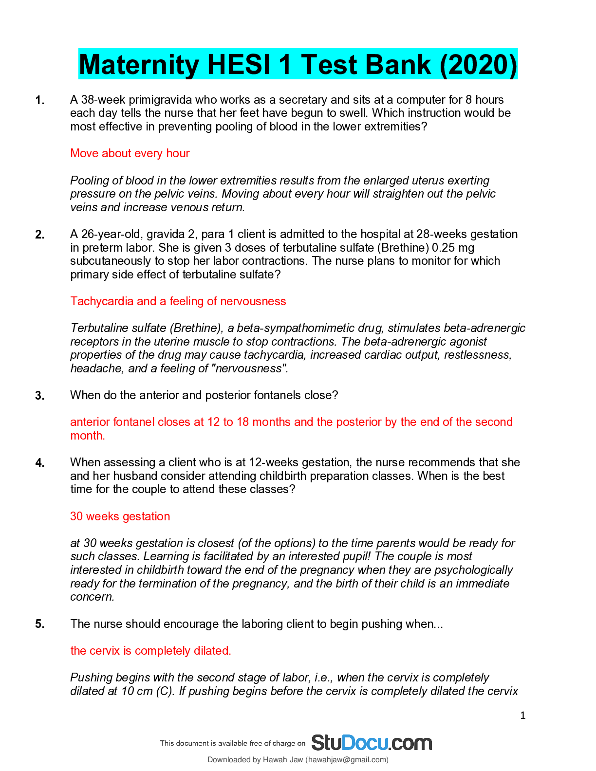 Preview image for Maternity HESI 1 Test Bank (2020)