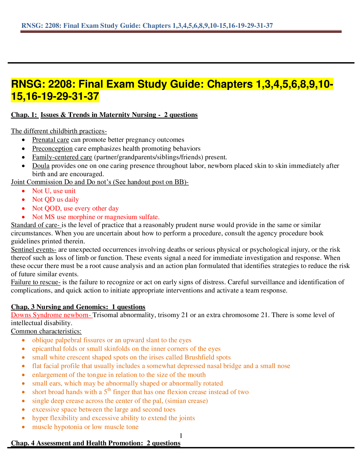 Preview image for RNSG: 2208 - Final Exam Study Guide.