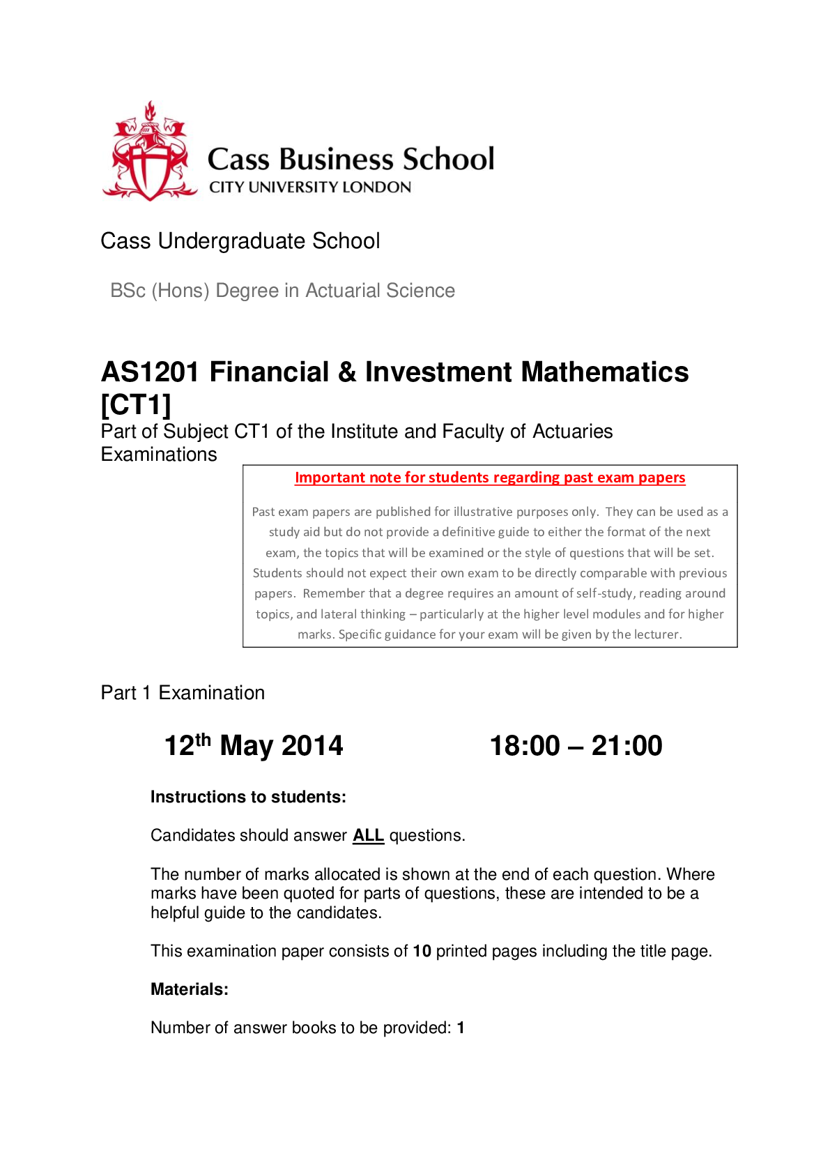 The City College of New York, CUNY<<<FINANCE AS1201 Financial & Investment Mathematics [CT1]